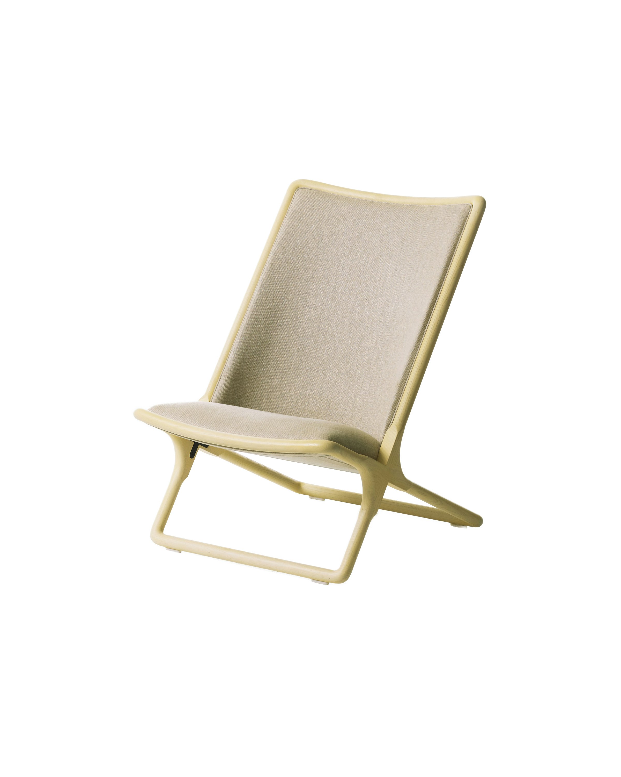 Scissor chair in white ash upholstered in a beige fabric as viewed from the front, three-quarter perspective.