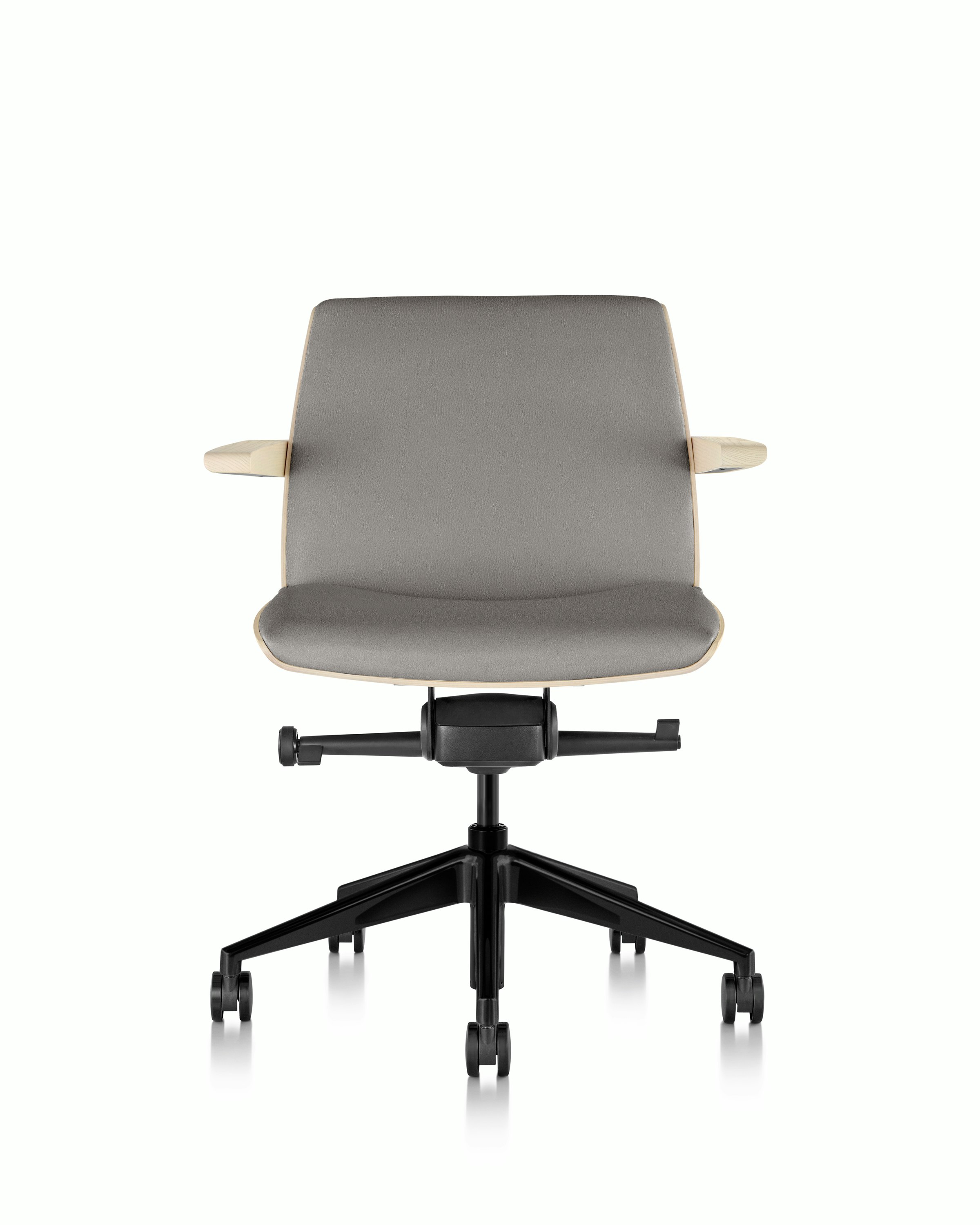 Clamshell Task Chair - Prone Leather, Script, Ash, Low Back, With Arms, Hard Caster