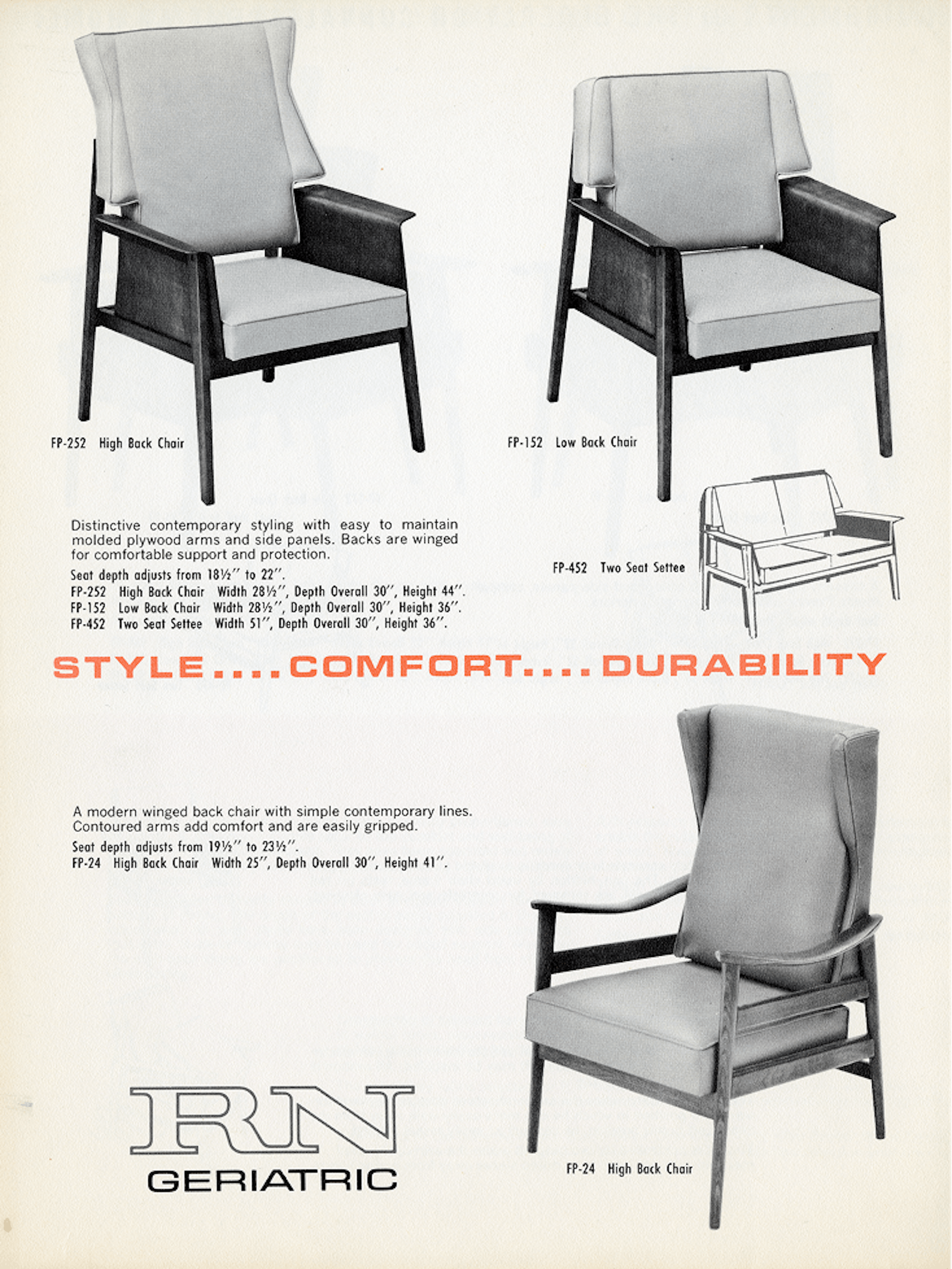 Pages from the 1950s Nemschoff catalog featuring the RN Geriatric chair in high back, low back, and two seat settee configurations and the words style, comfort, and durability in orange text