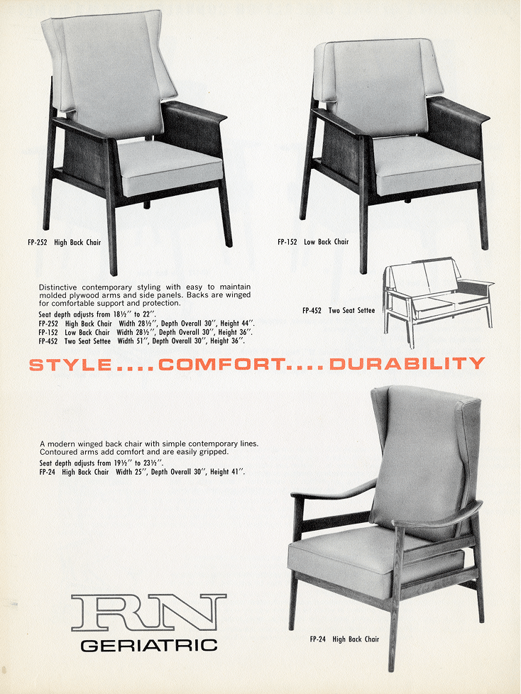 Pages from the 1950s Nemschoff catalog featuring the RN Geriatric chair in high back, low back, and two seat settee configurations and the words style, comfort, and durability in orange text