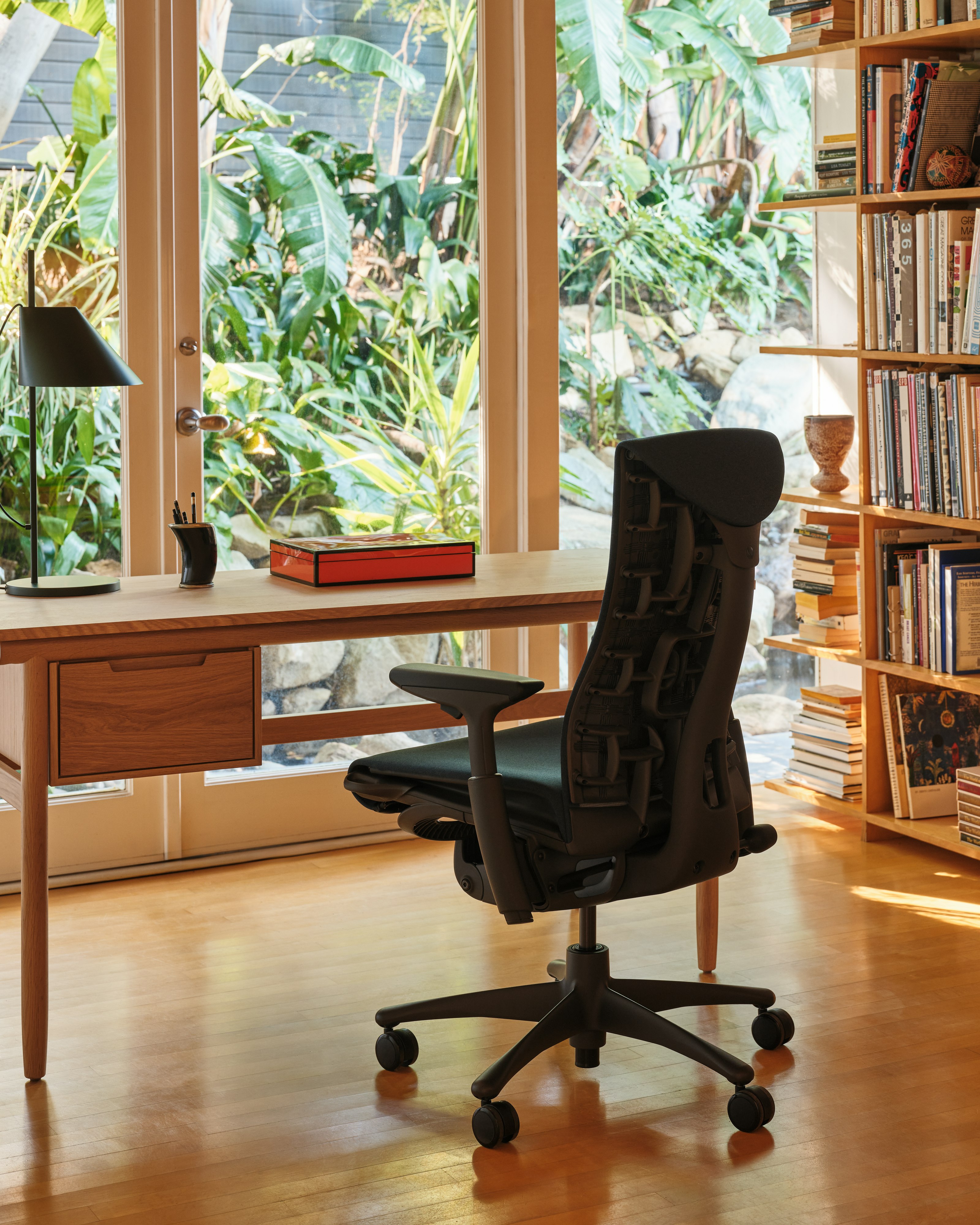 Embody Chair in Nightfall at Raleigh Desk in Oak
