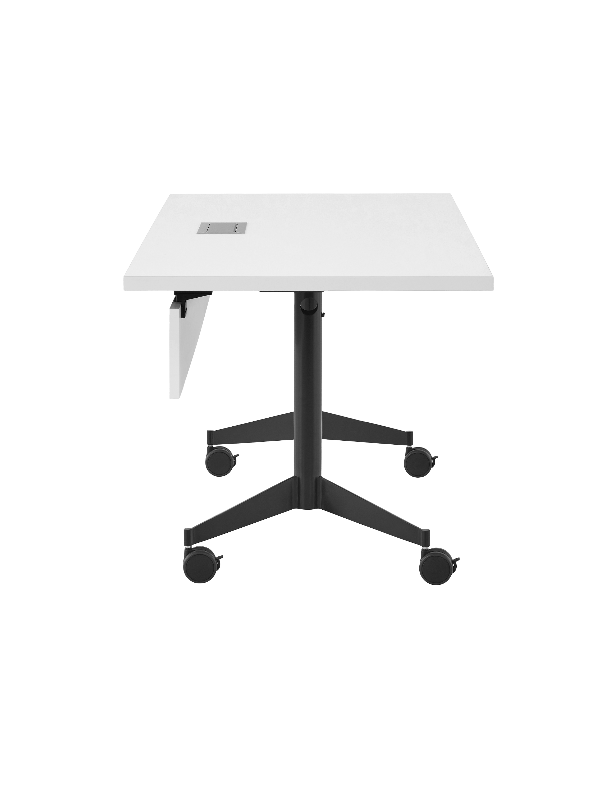A rectangular MP Flex Table with a white laminate top and black base, viewed from the side.