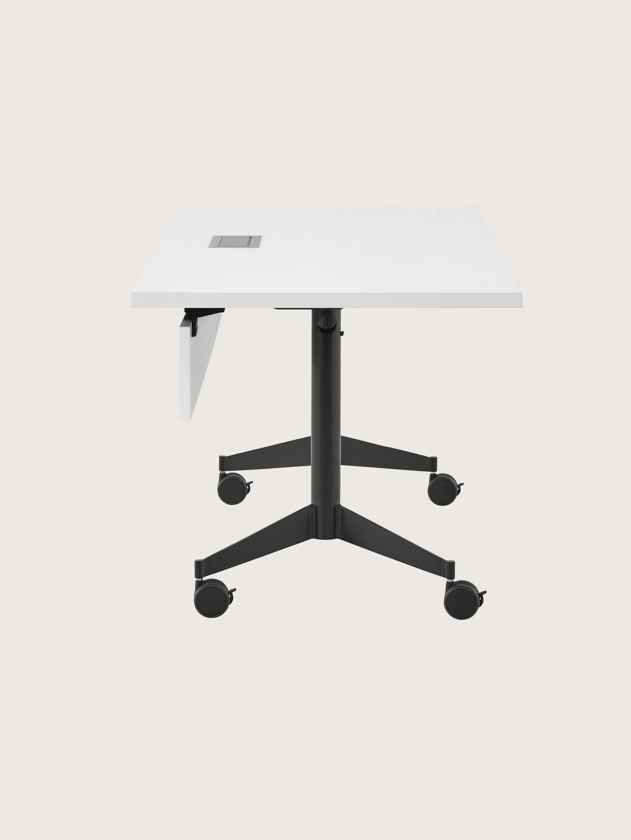 A rectangular MP Flex Table with a white laminate top and black base, viewed from the side.