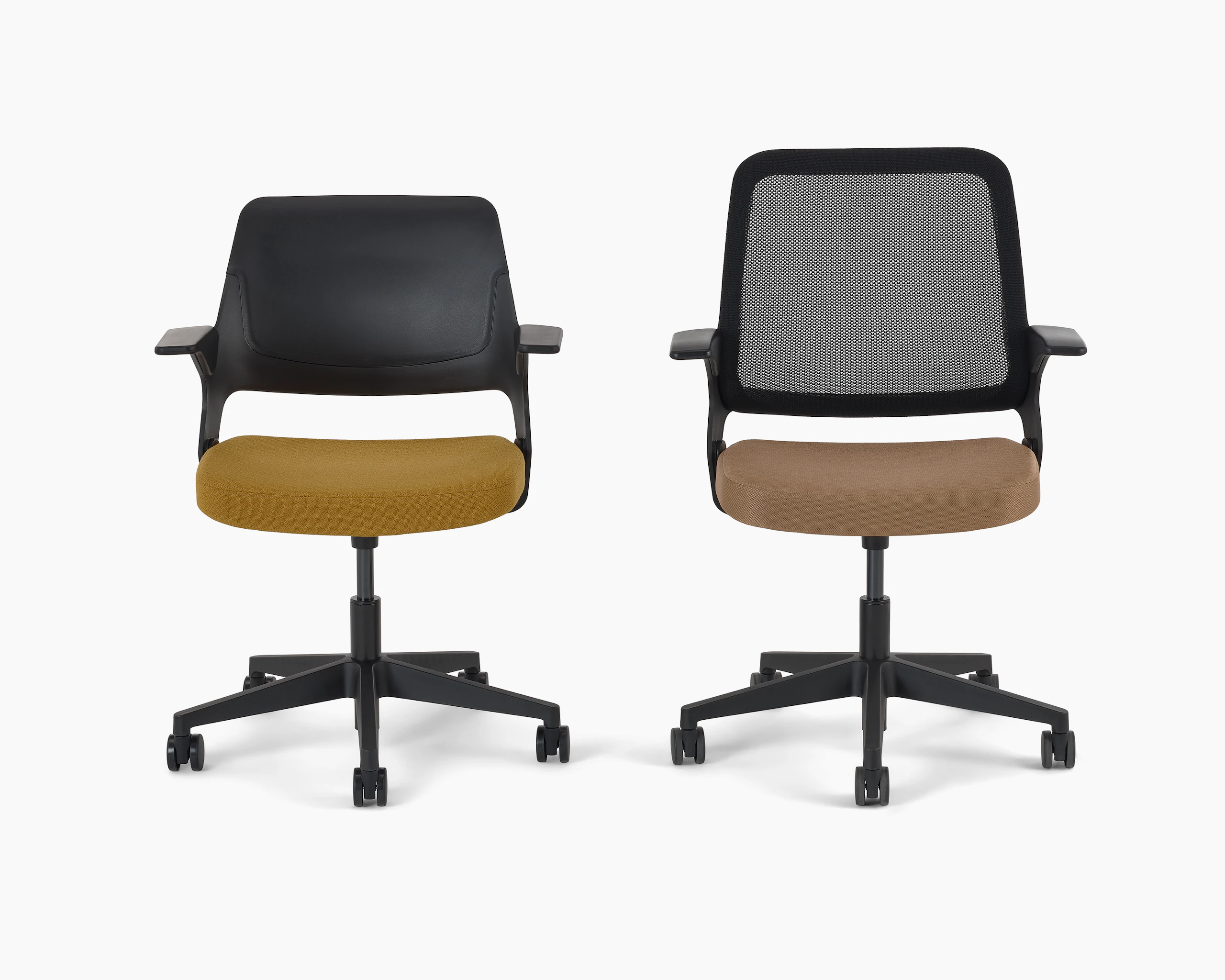 Ollo Light Task Chair with a black shell back, a 5-star plastic base, fixed arms, and a cushioned seat upholstered in Oh La La textile in the color Jam (burnt yellow) with an Ollo Light Task Chair with a black knit back. Ollo Light Task Chair with a black knit back, black 5-star plastic base, fixed arms, and a cushioned seat in Reflect textile in the color Brulee (burnt yellow). White background.