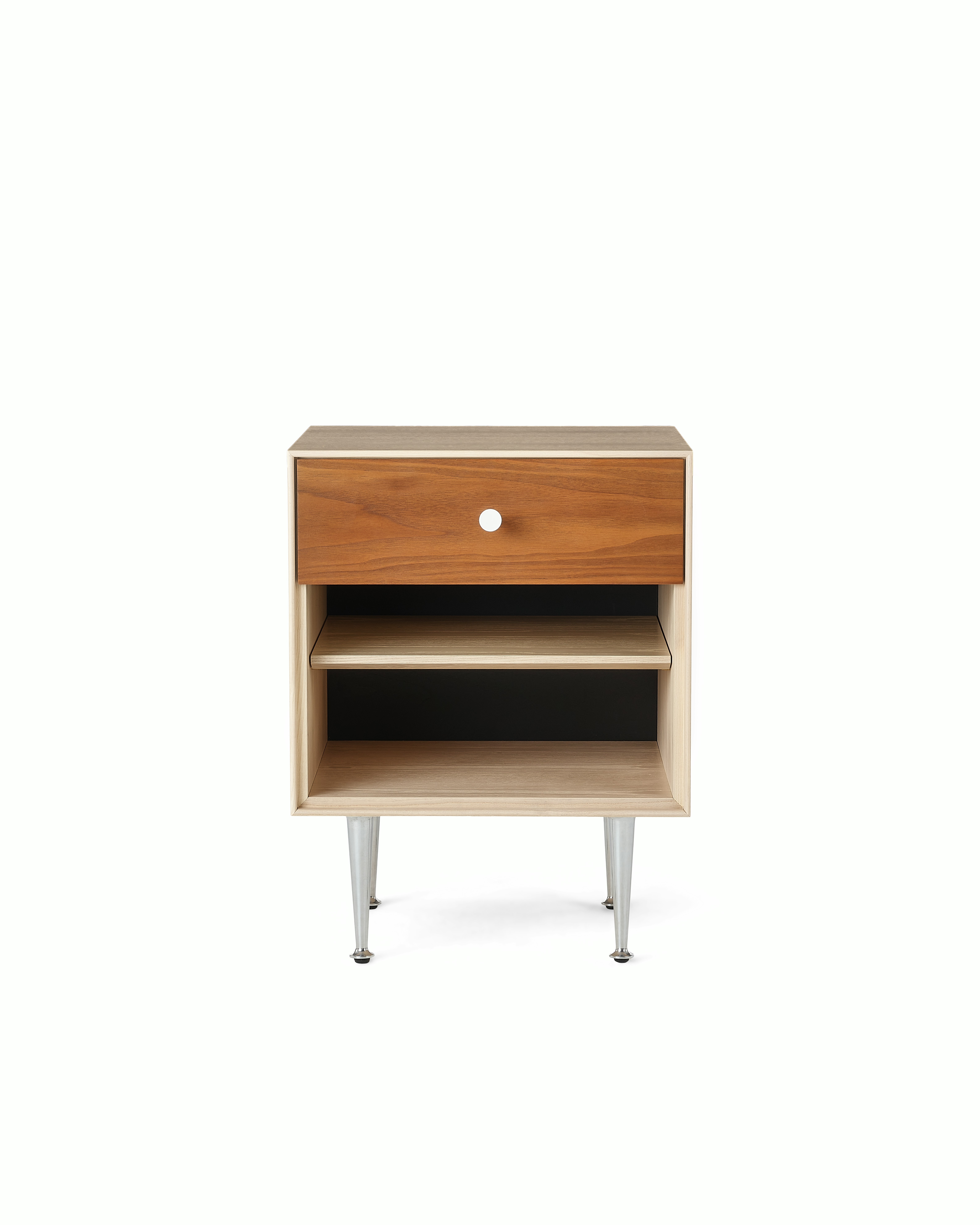 A Nelson Thin Edge Bedside Table in walnut white viewed from the front.
