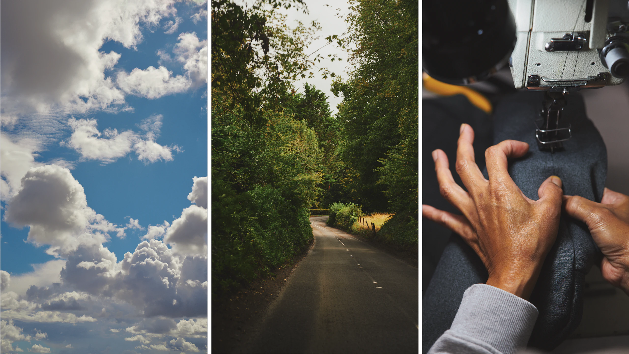 A three part collage of scenes including a blue sky with white clouds, a two-lane road shaded by thick trees, and a person sewing a piece of fabric at a sewing machine.