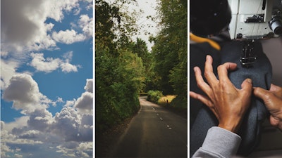A three part collage of scenes including a blue sky with white clouds, a two-lane road shaded by thick trees, and a person sewing a piece of fabric at a sewing machine.