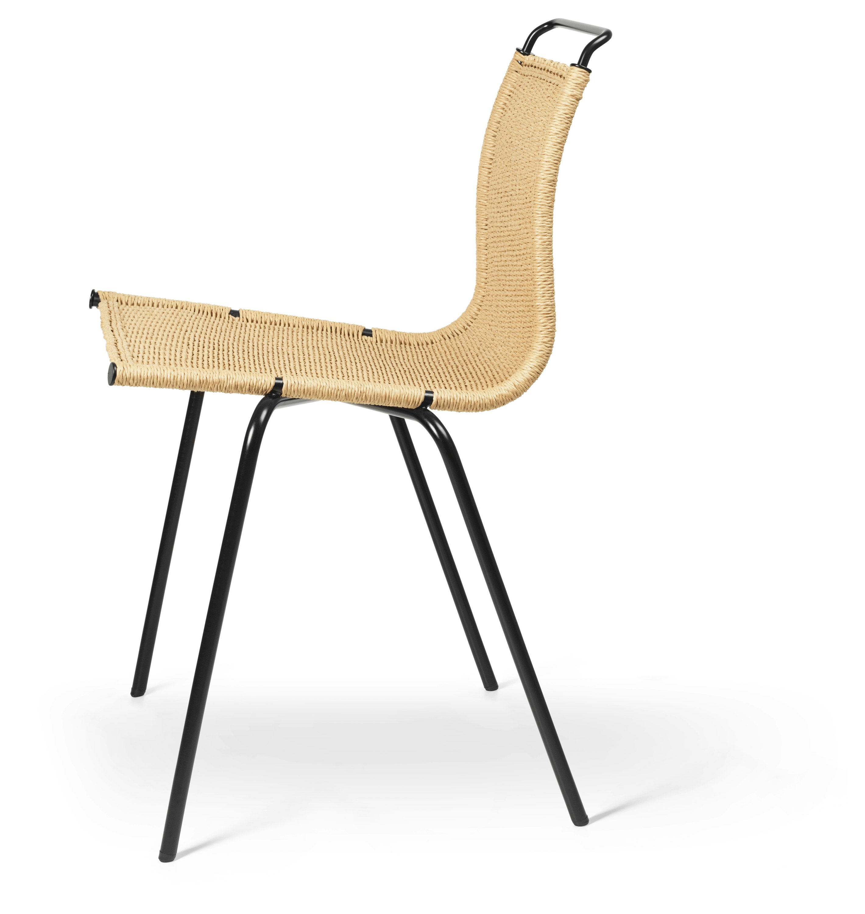 A PK1 Side Chair in Black Papercord Natural viewed from the side.