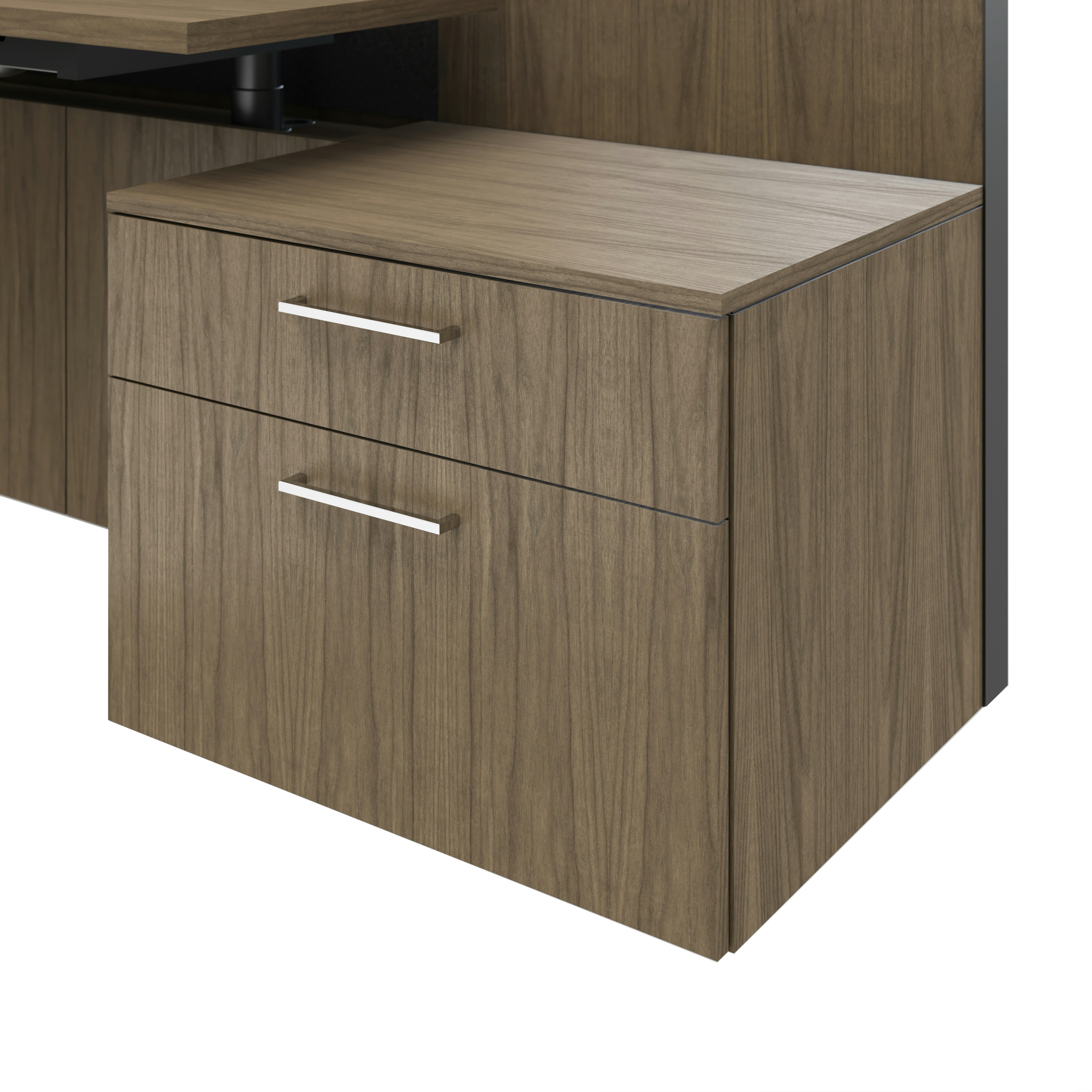 Detail shot of the Geiger One Casegoods storage with Natural Flat Cut Walnut case and fronts.