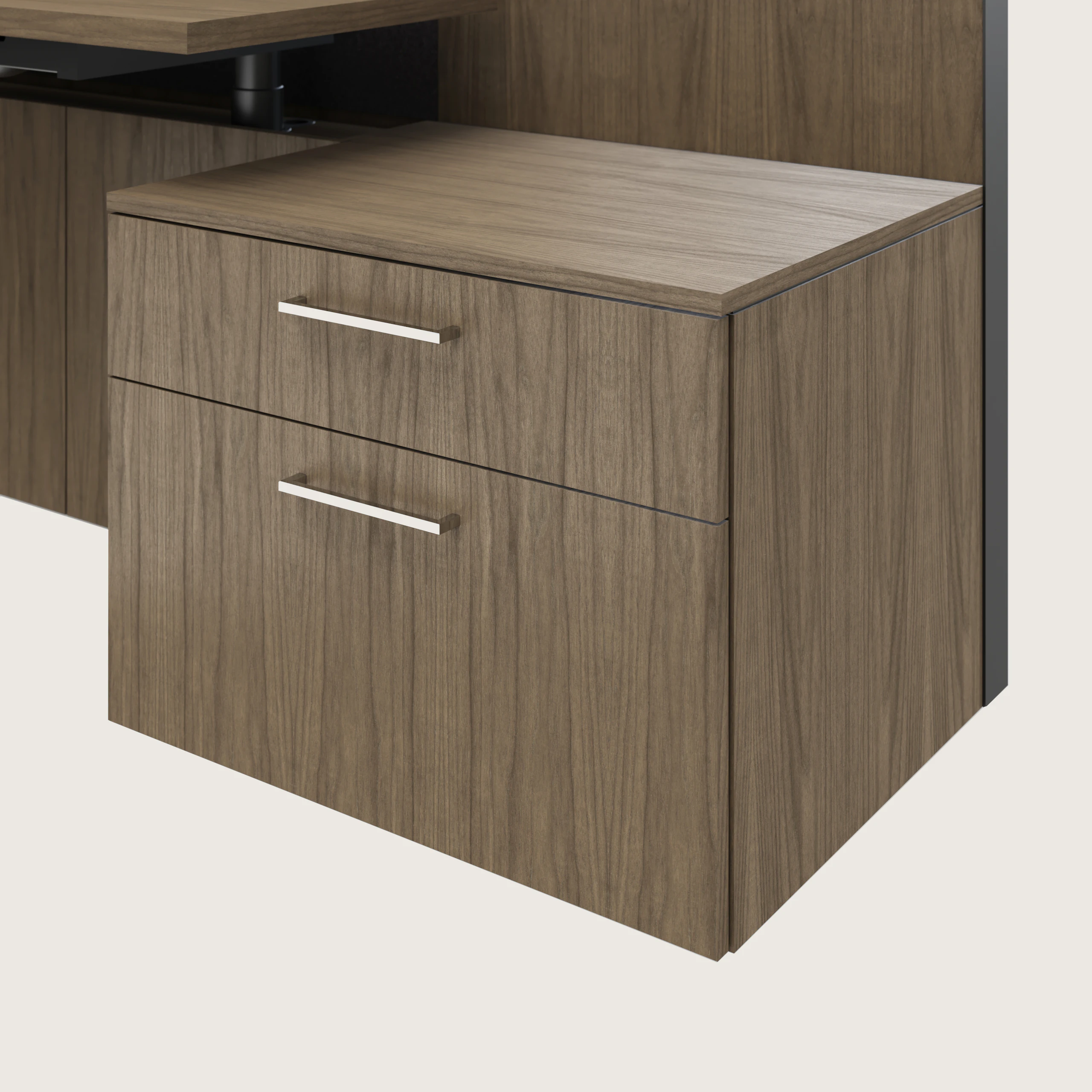 Detail shot of the Geiger One Casegoods storage with Natural Flat Cut Walnut case and fronts.