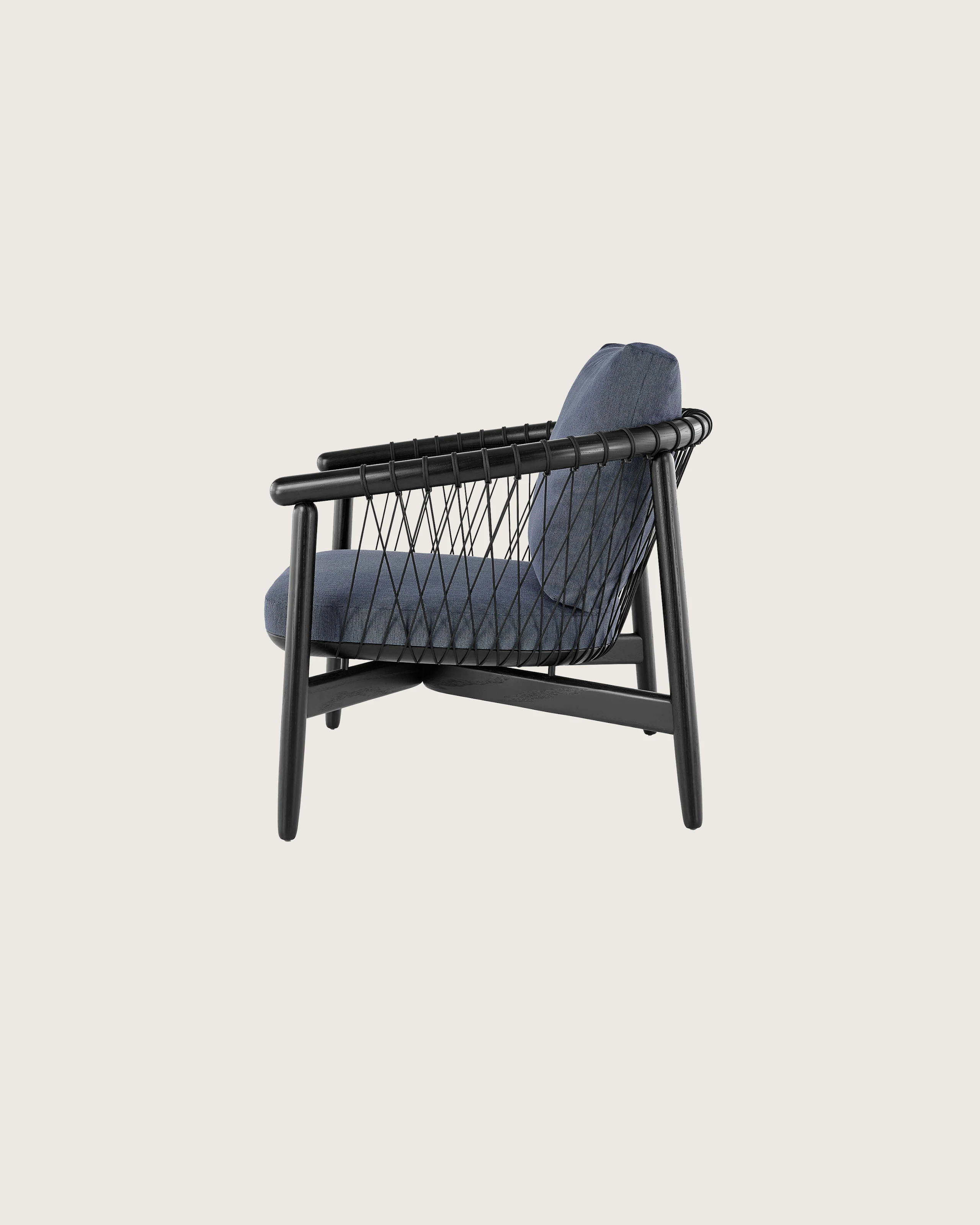 Side view of a Crosshatch lounge chair with dark blue fabric and a black wood frame.