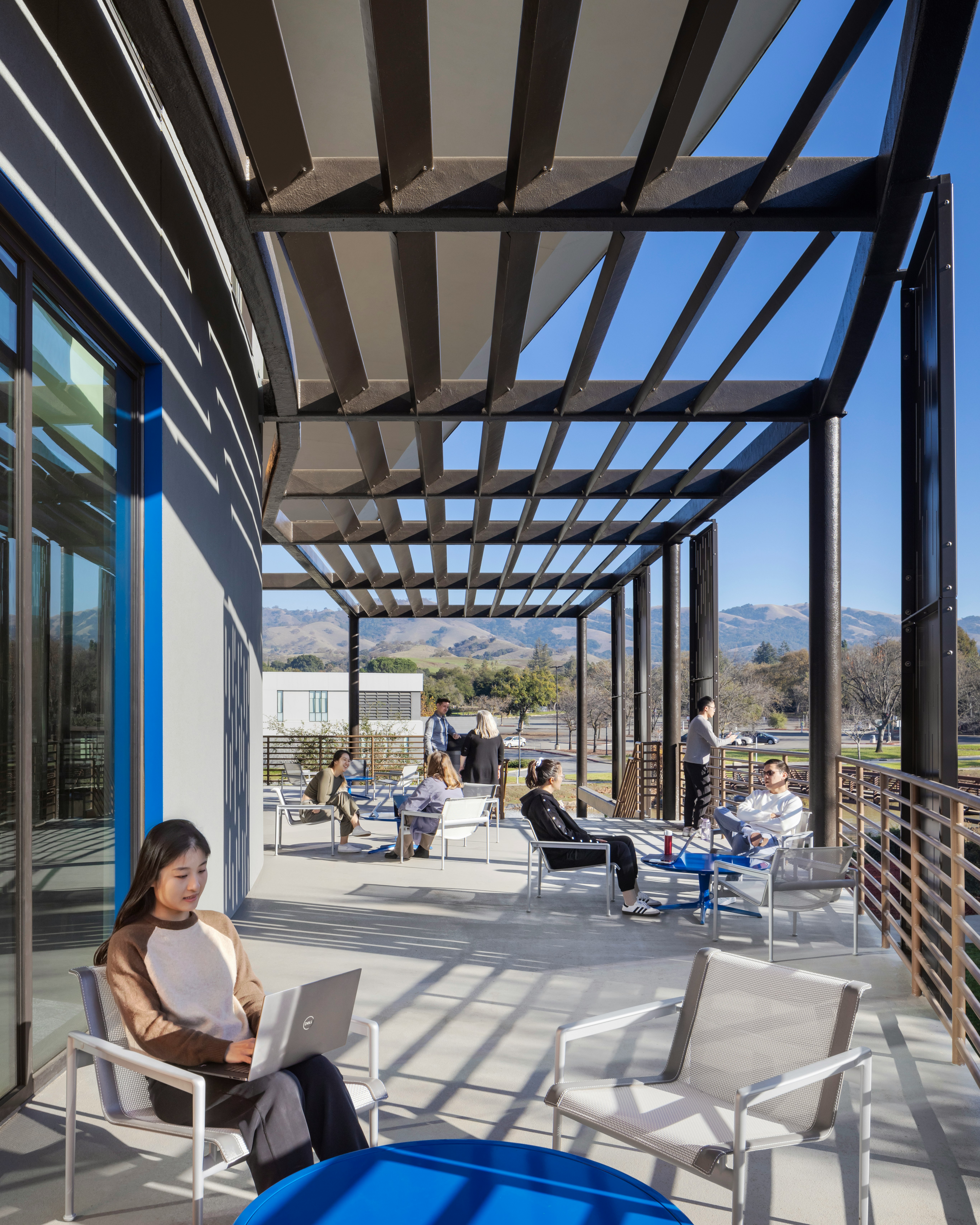 Outdoor upper terrace in the Gen Ed Engineering building at Evergreen Valley College.