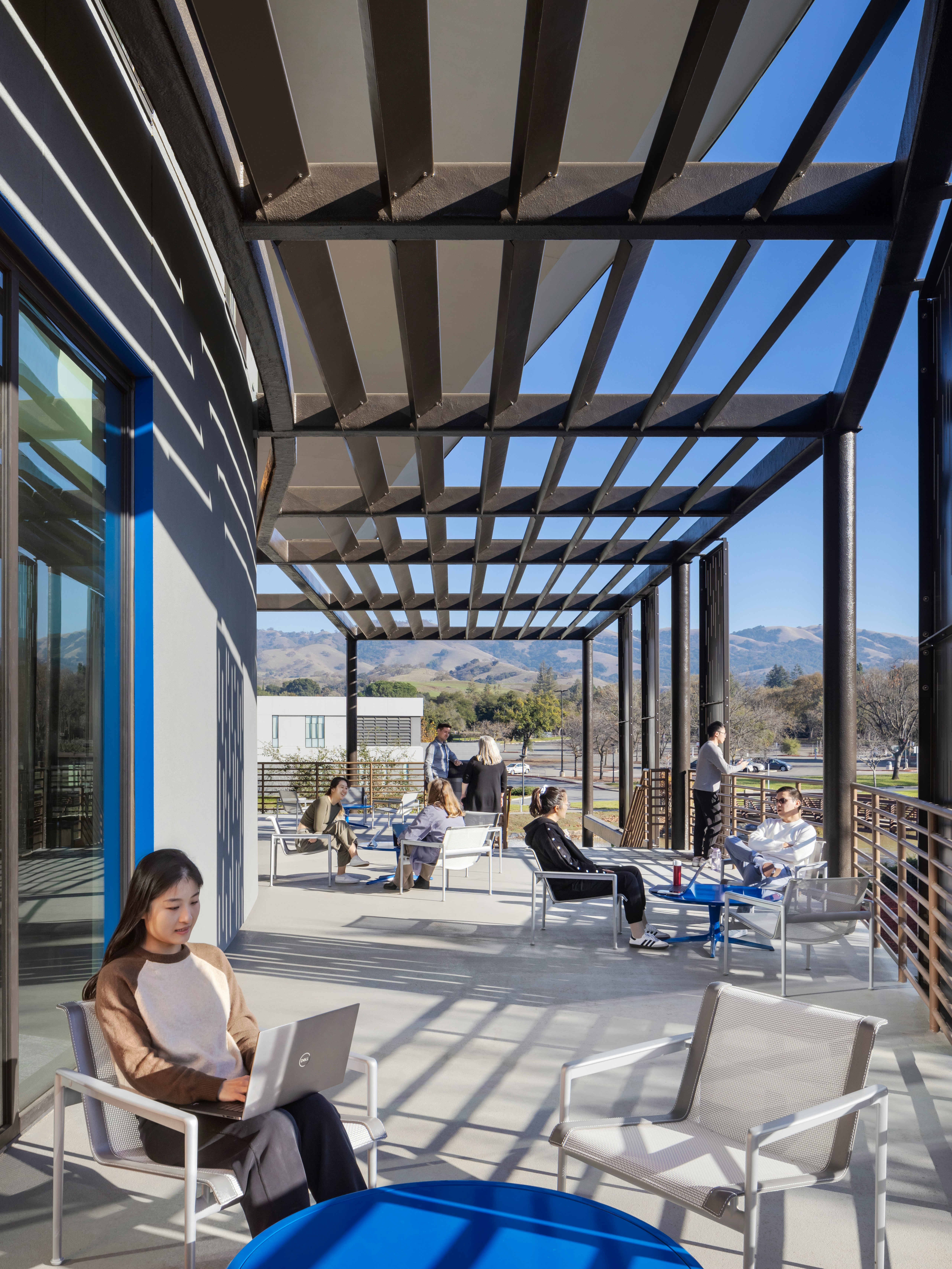 Outdoor upper terrace in the Gen Ed Engineering building at Evergreen Valley College.