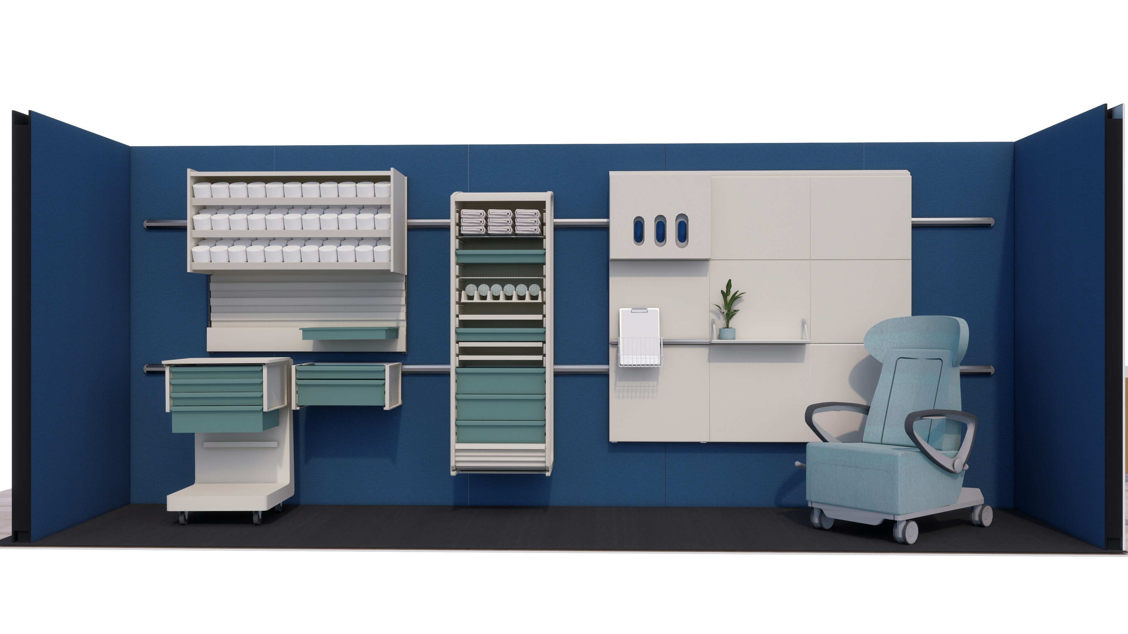 Compass System, Procedure and Supply Carts, and an Ava Recliner by Herman Miller arranged in front of a blue backdrop.