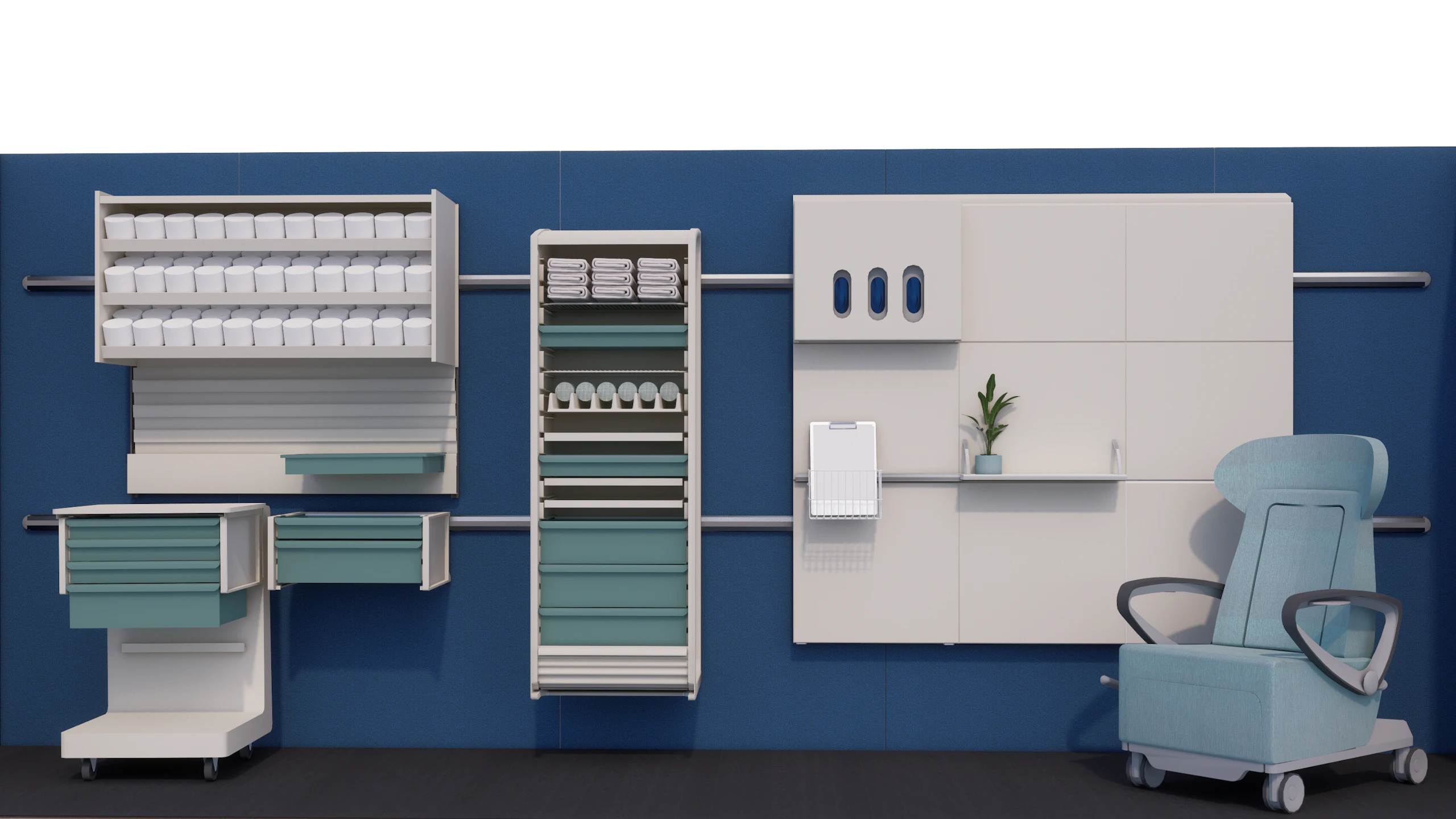 Compass System, Procedure and Supply Carts, and an Ava Recliner by Herman Miller arranged in front of a blue backdrop.