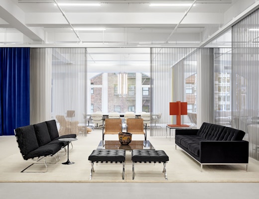 Knoll NYC Showroom with Florence Knoll Sofa, Barcelona Stools, Tugendhat Chairs Knoll NYC Showroom Florence Knoll Sofa Barcelona Stool Tugendhat Chair Saarinen Side Table MR Chair