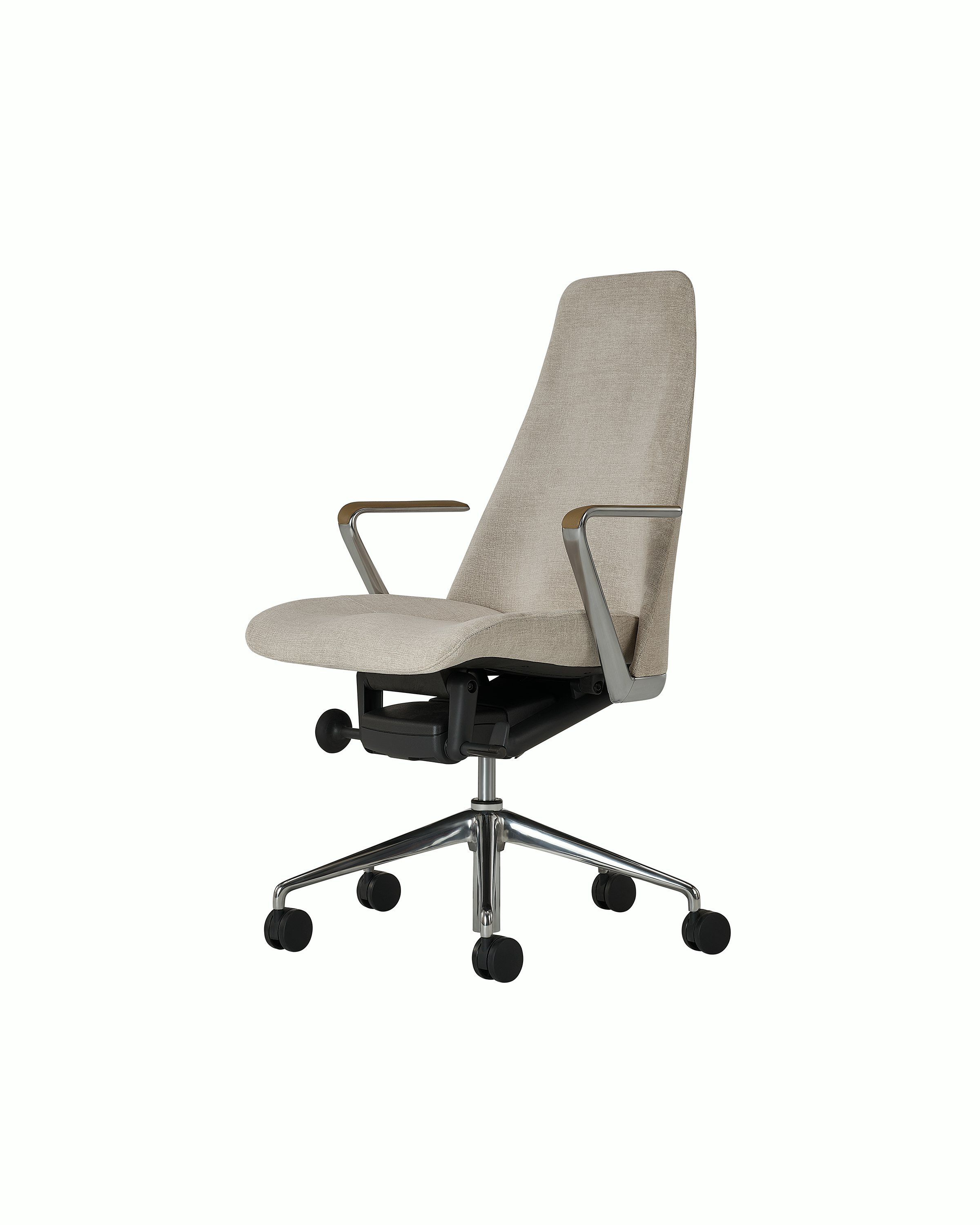 Taper Chair designed by Mark Goetz upholstered in Ingenue in Sand Mix with leather arm pads in Prone Leather in Burlap and a polished chrome base, shown at a front angle on a white sweep.
