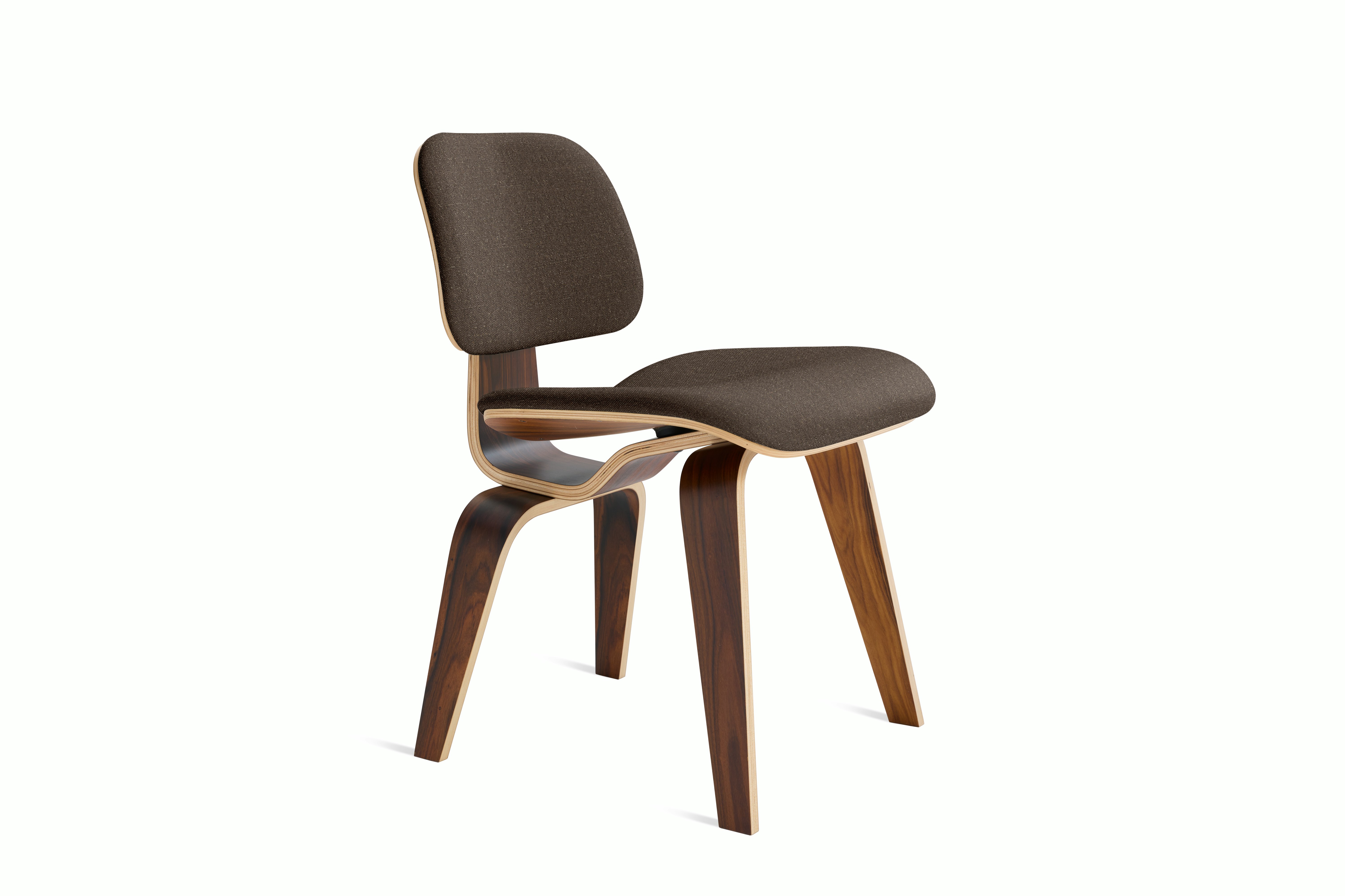 Eames Molded Plywood Dining Chair Wood Base (DCW) - Side Chair, Upholstered, Santos Palisander, Album Linen, Espresso