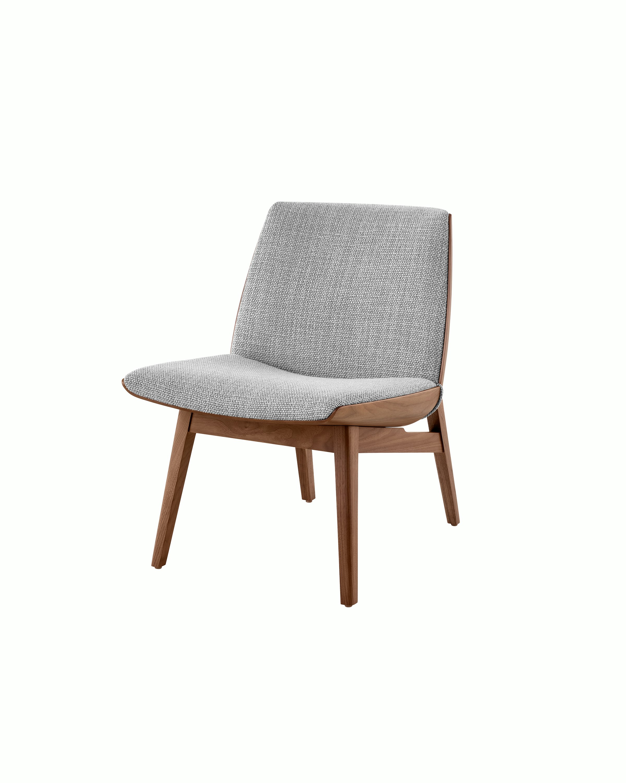 Armless, low back Clamshell Lounge Chair with a walnut base in a natural walnut matte finish with a light silver textile.