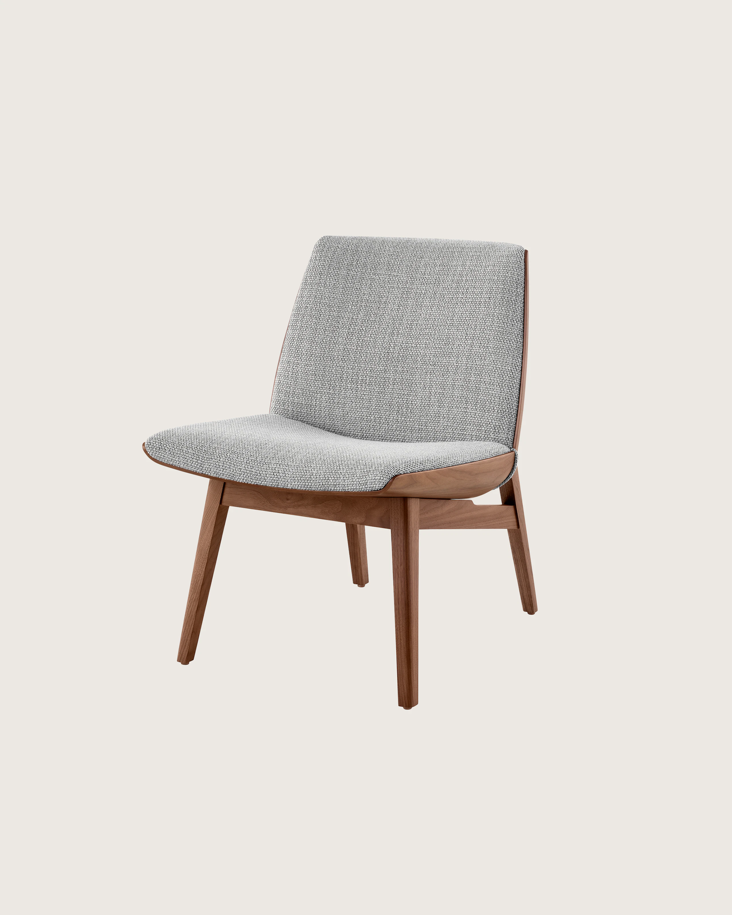 Armless, low back Clamshell Lounge Chair with a walnut base in a natural walnut matte finish with a light silver textile.