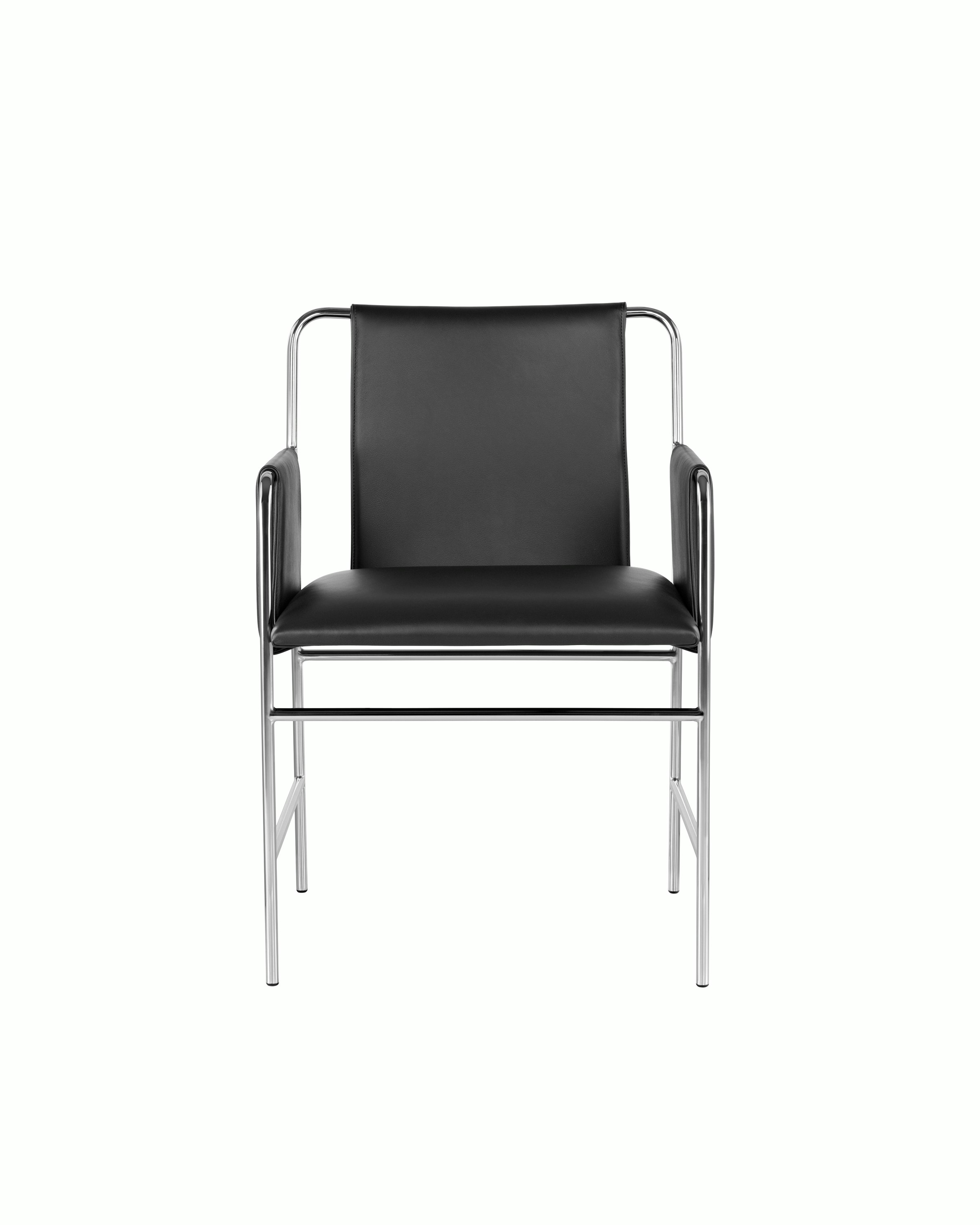 An Envelope side chair with black leather upholstery and a tubular steel frame, viewed from the front.