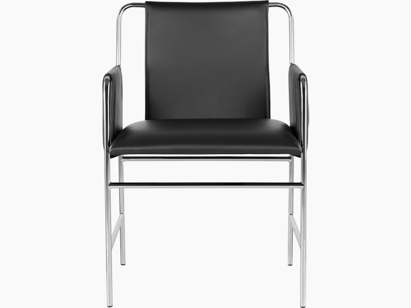 An Envelope side chair with black leather upholstery and a tubular steel frame, viewed from the front.