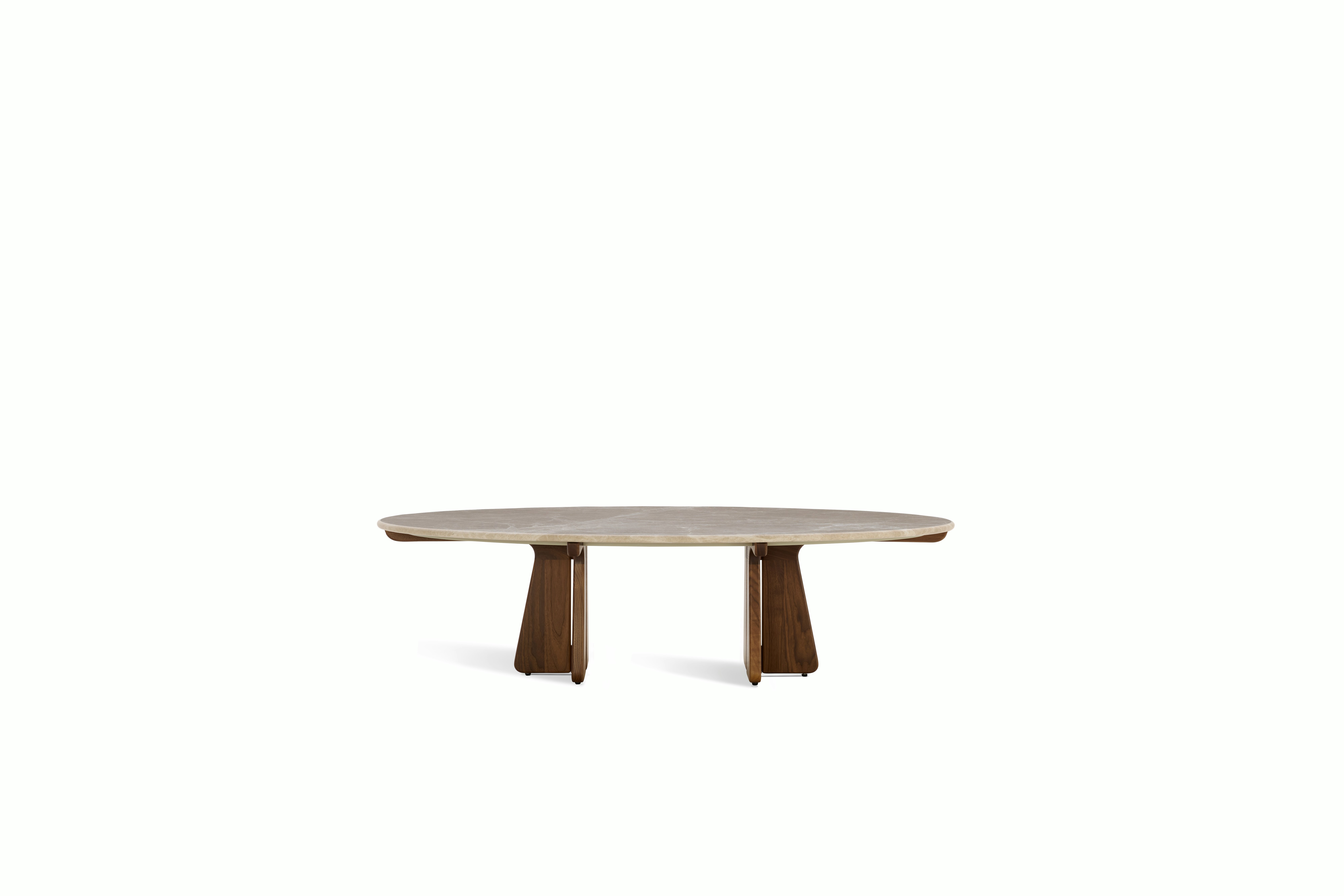 A Pinna Coffee Table in Emperador Walnut viewed from the front.