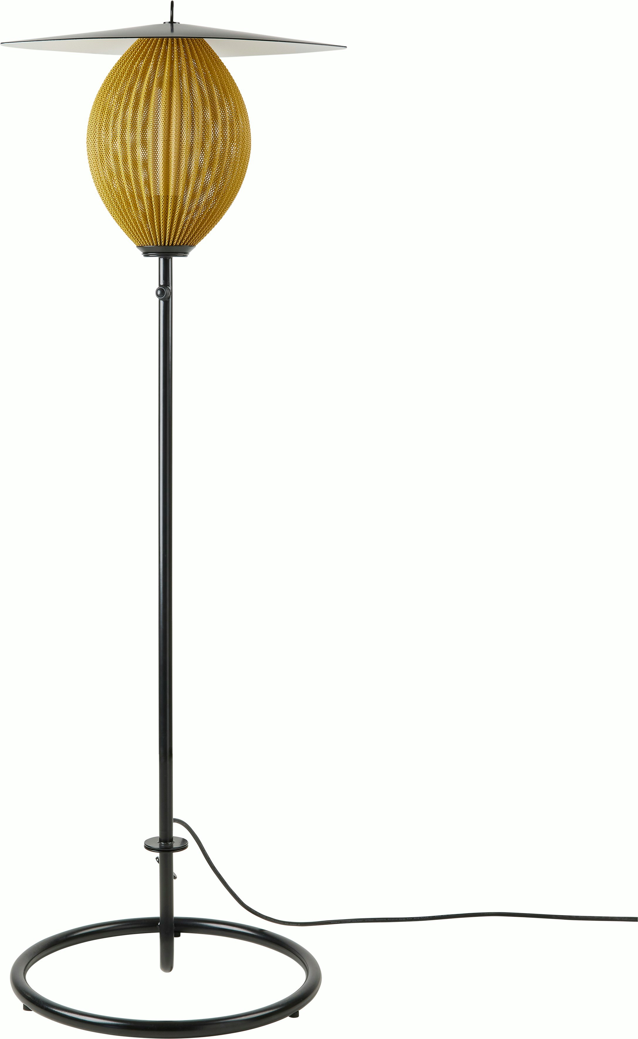 A Satellite Outdoor Floor Lamp in Mustard Gold viewed from the front.