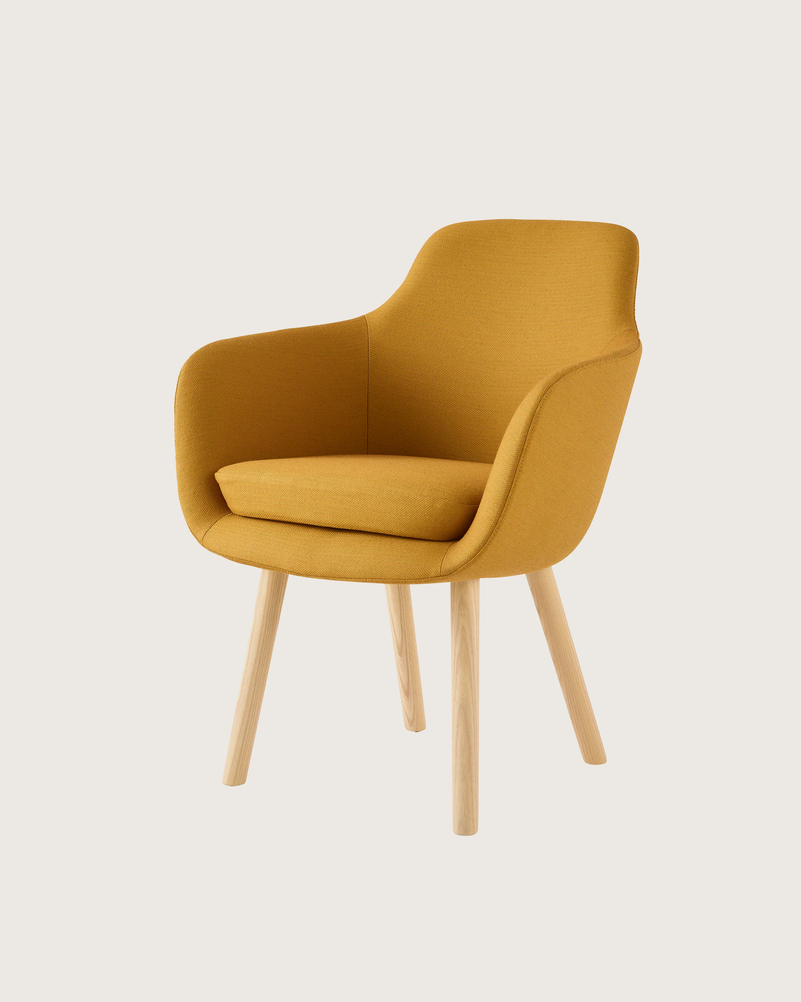 A Saiba Side Chair with yellow upholstery and light wood legs, viewed from the front at an angle.