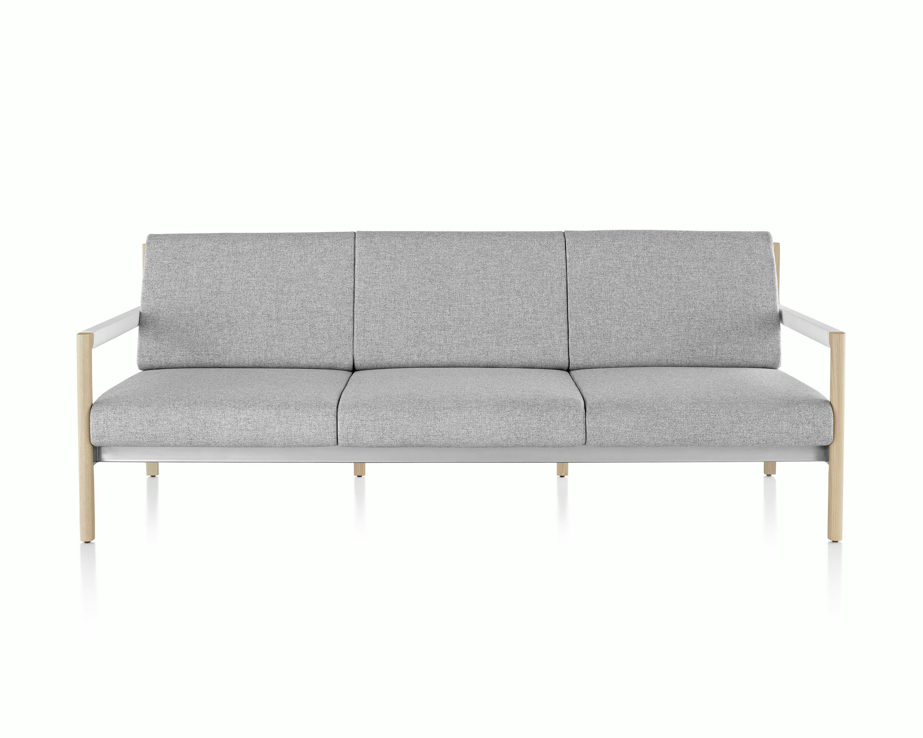 A Brabo sofa with Clare light gray upholstery, white leather-wrapped arms, metal accents, and a light wood frame, viewed from the front.