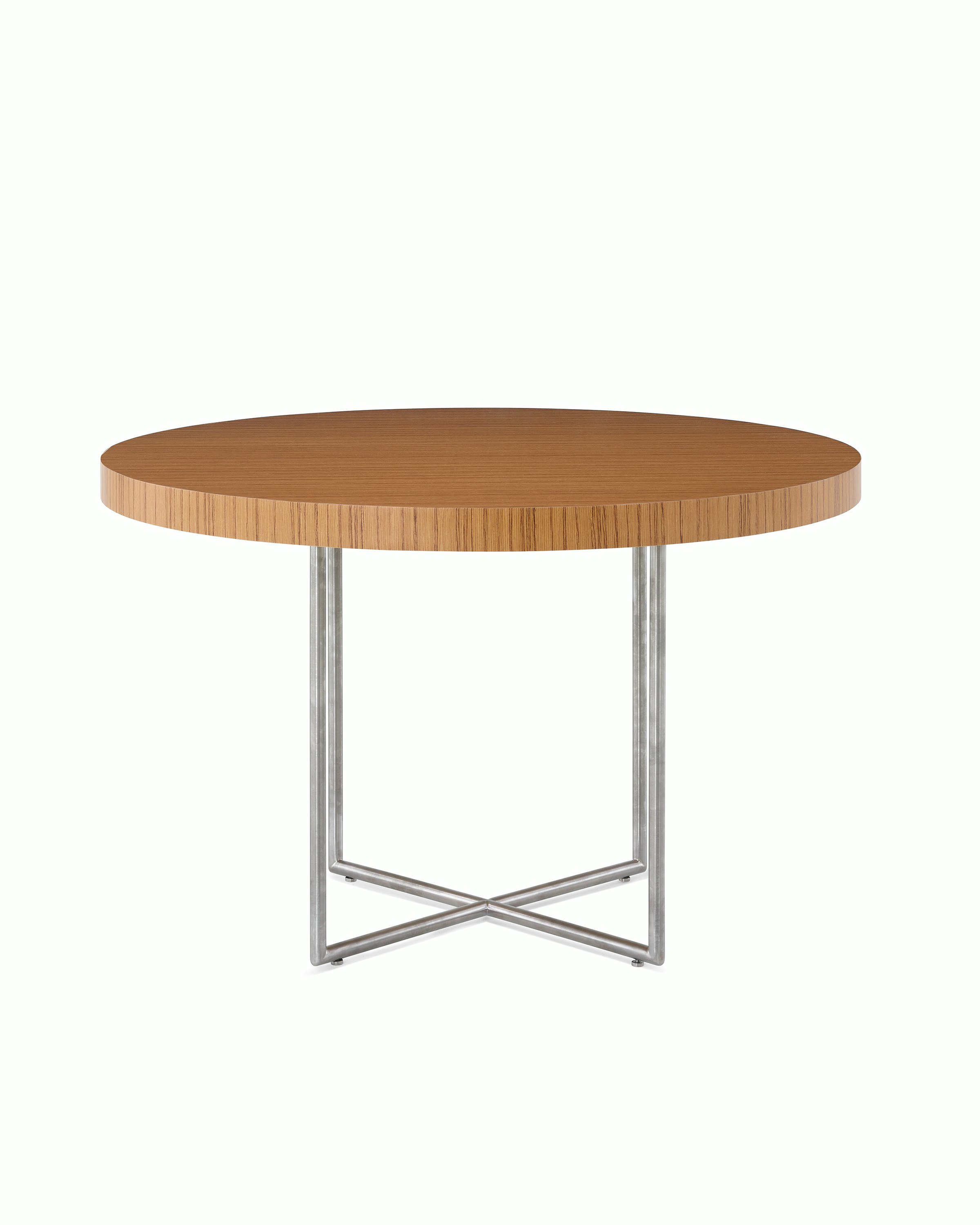 Domino Table with teak top and satin chrome base.