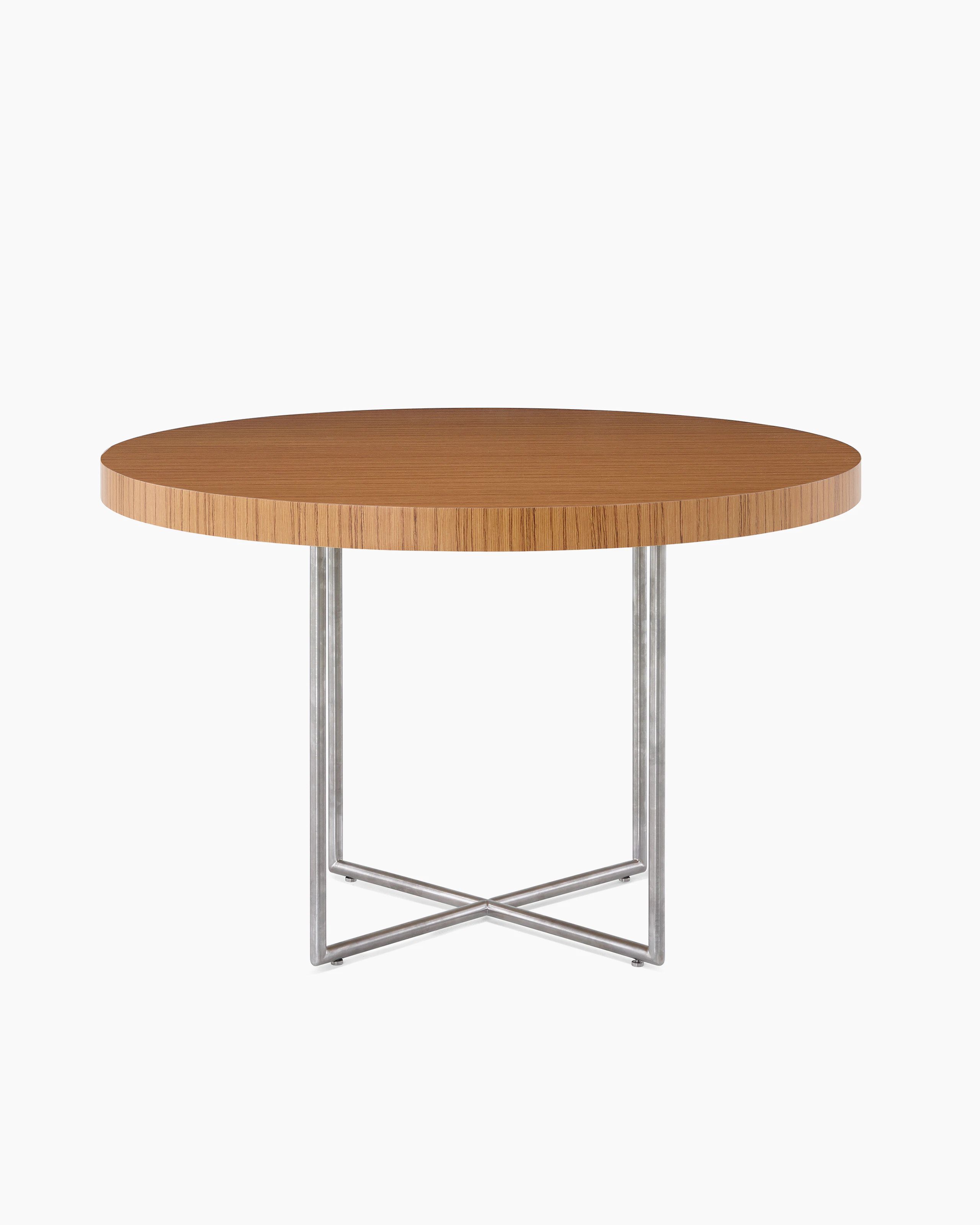 Domino Table with teak top and satin chrome base.