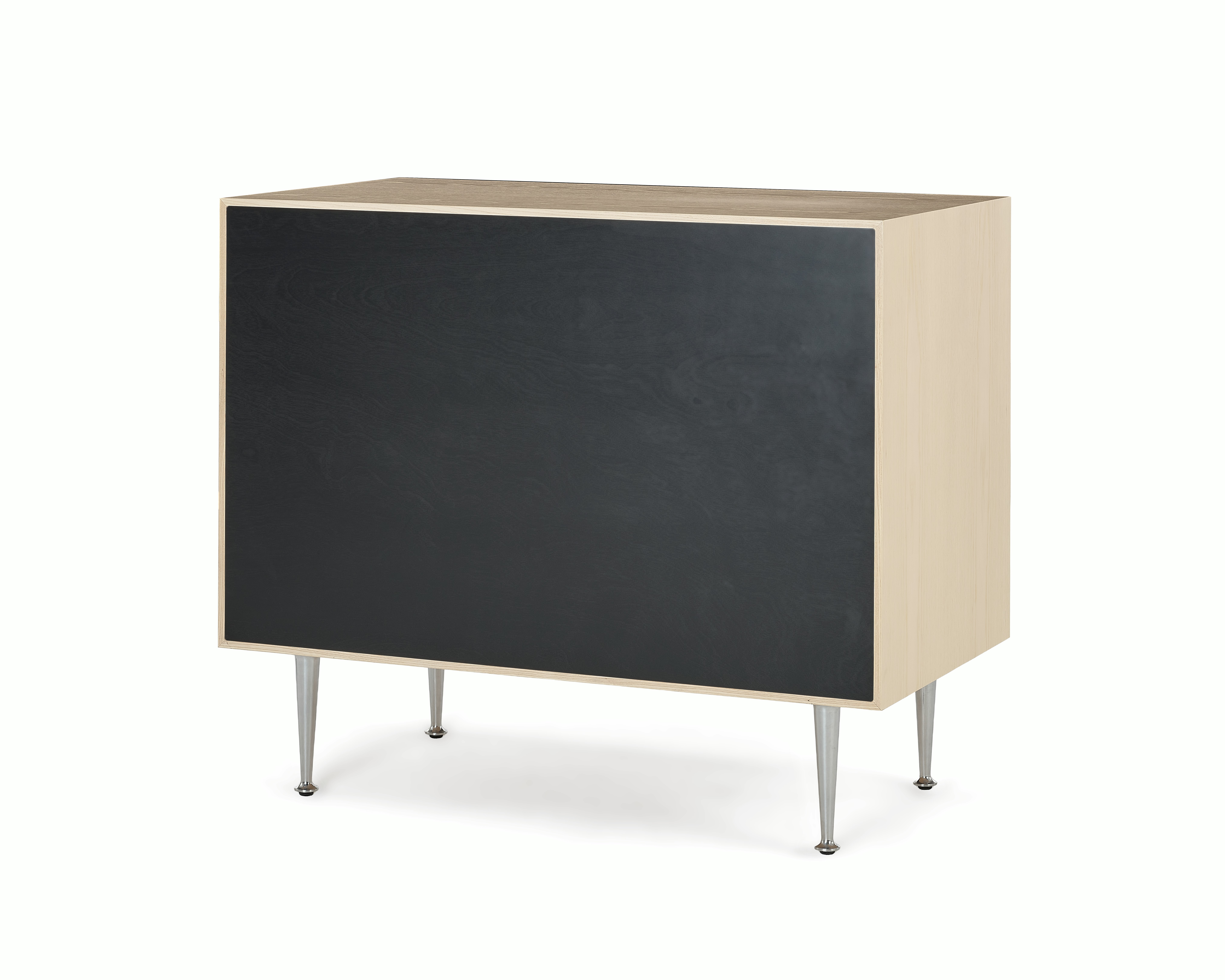 A Nelson Thin Edge 3-Drawer Chest in walnut black viewed from behind.