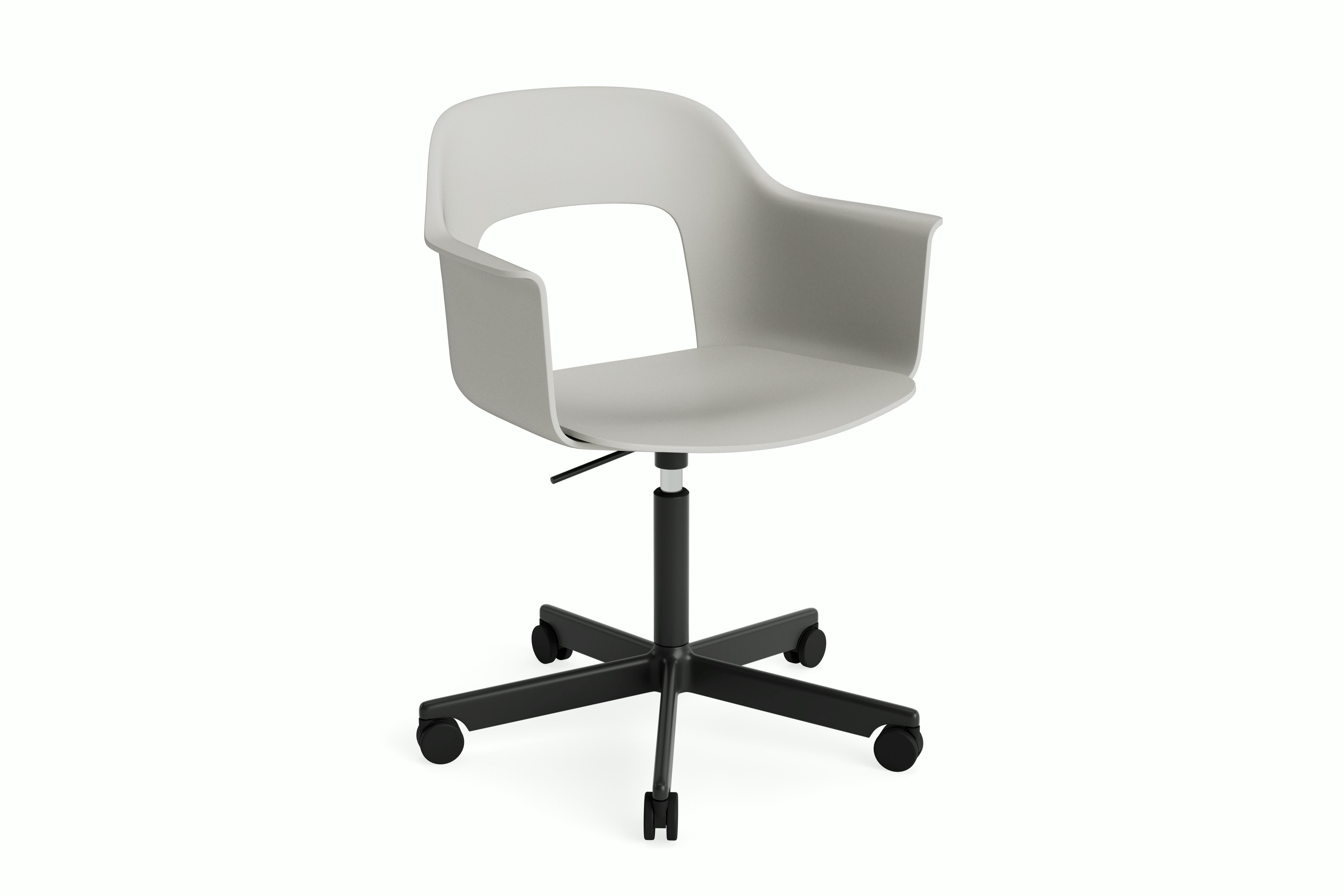 Layout Armchair light grey polypropylene arm shell and seat on black aluminum 5-star base with casters, front angled view.