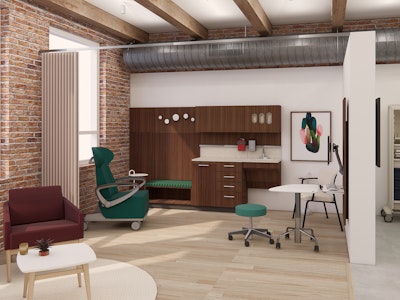 A green Herman Miller Nemschoff Ava Recliner, wooden Herman Miller Mora System, and other healthcare furniture from the MillerKnoll collective displayed in a showroom