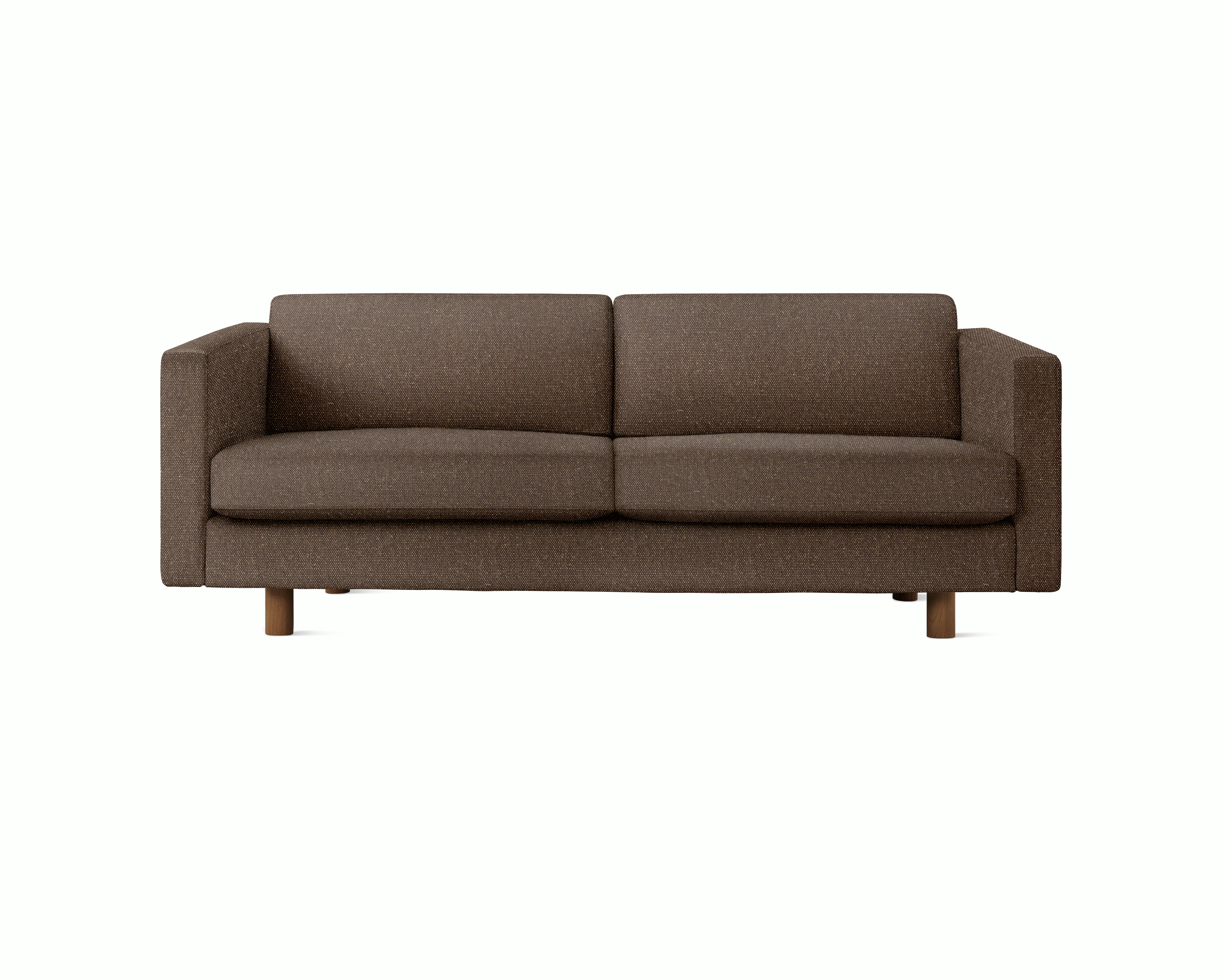 A Lispenard Sofa in Espresso upholstery with walnut legs viewed from the front.