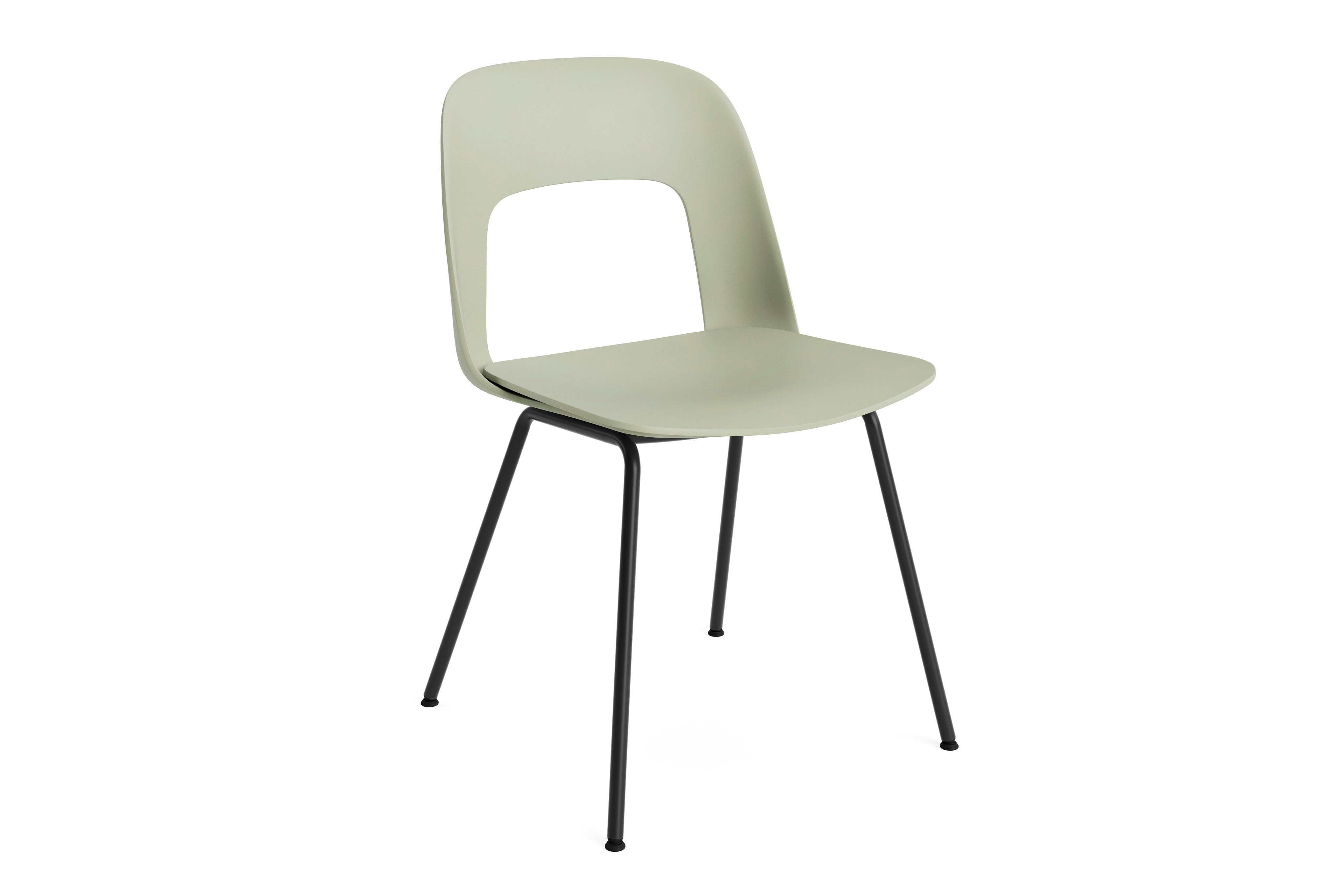 Plastic shell armless chair on 4 metal legs, angled view
