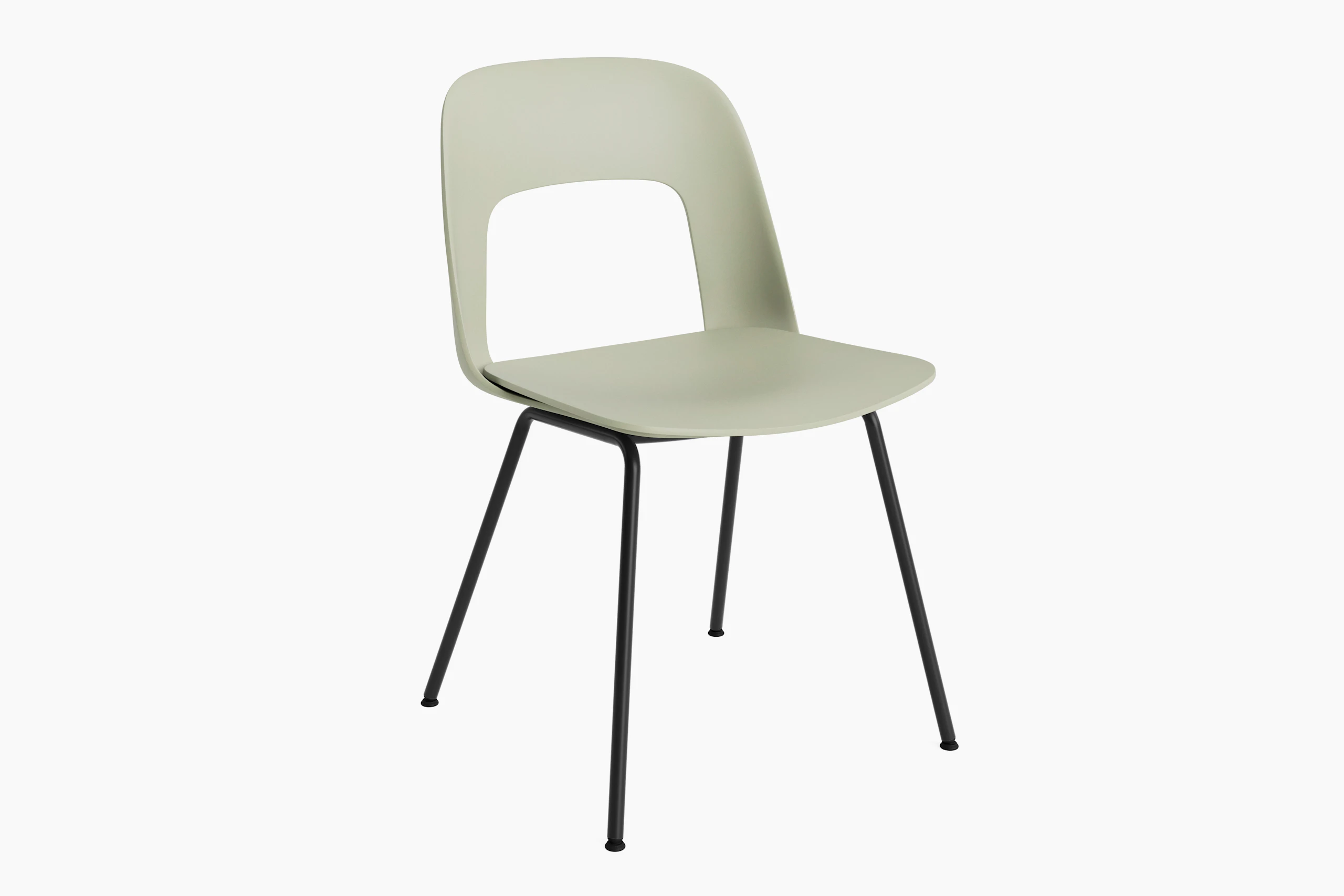 Plastic shell armless chair on 4 metal legs, angled view
