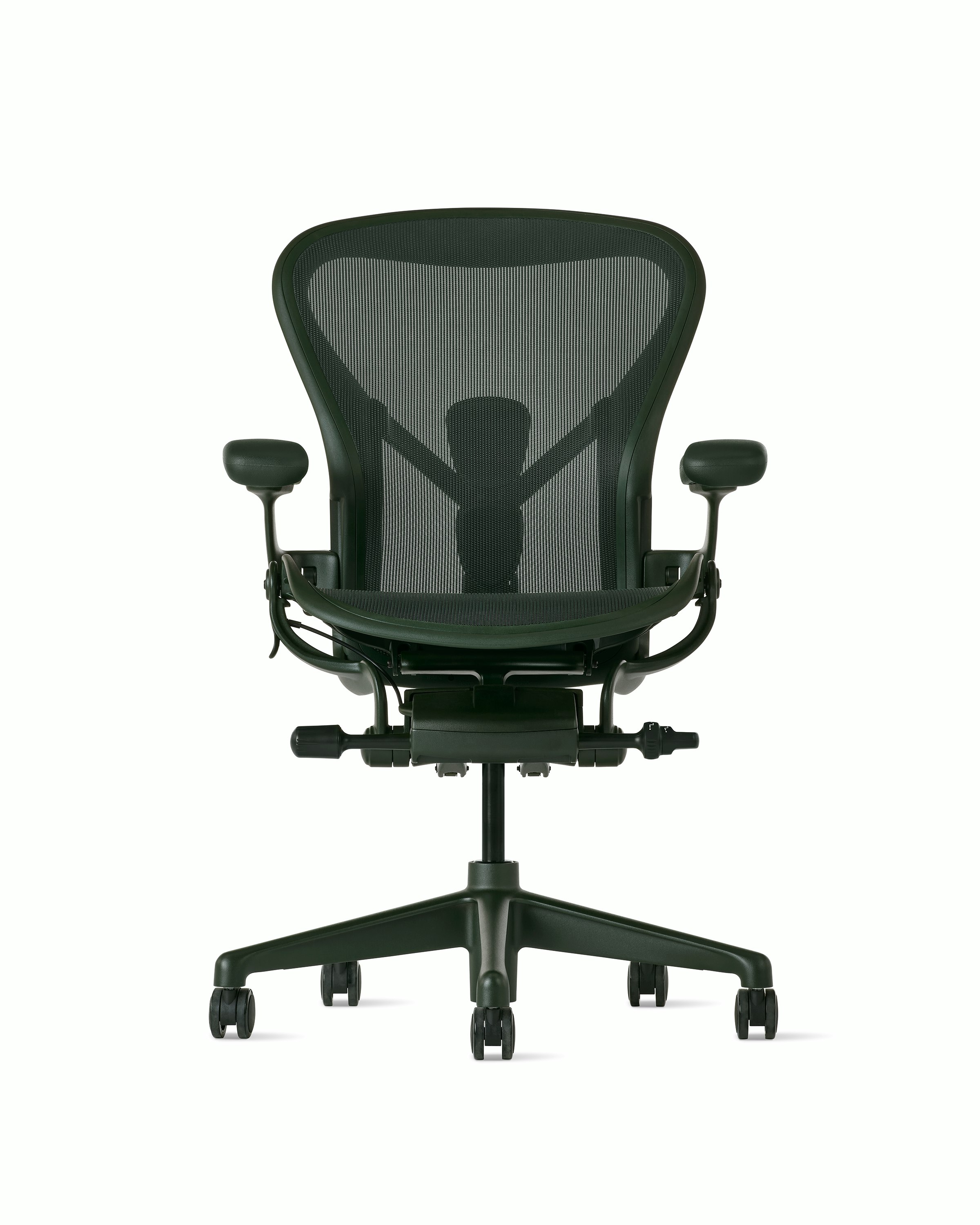 Front view of an Aeron chair in dark green with PostureFit SL.