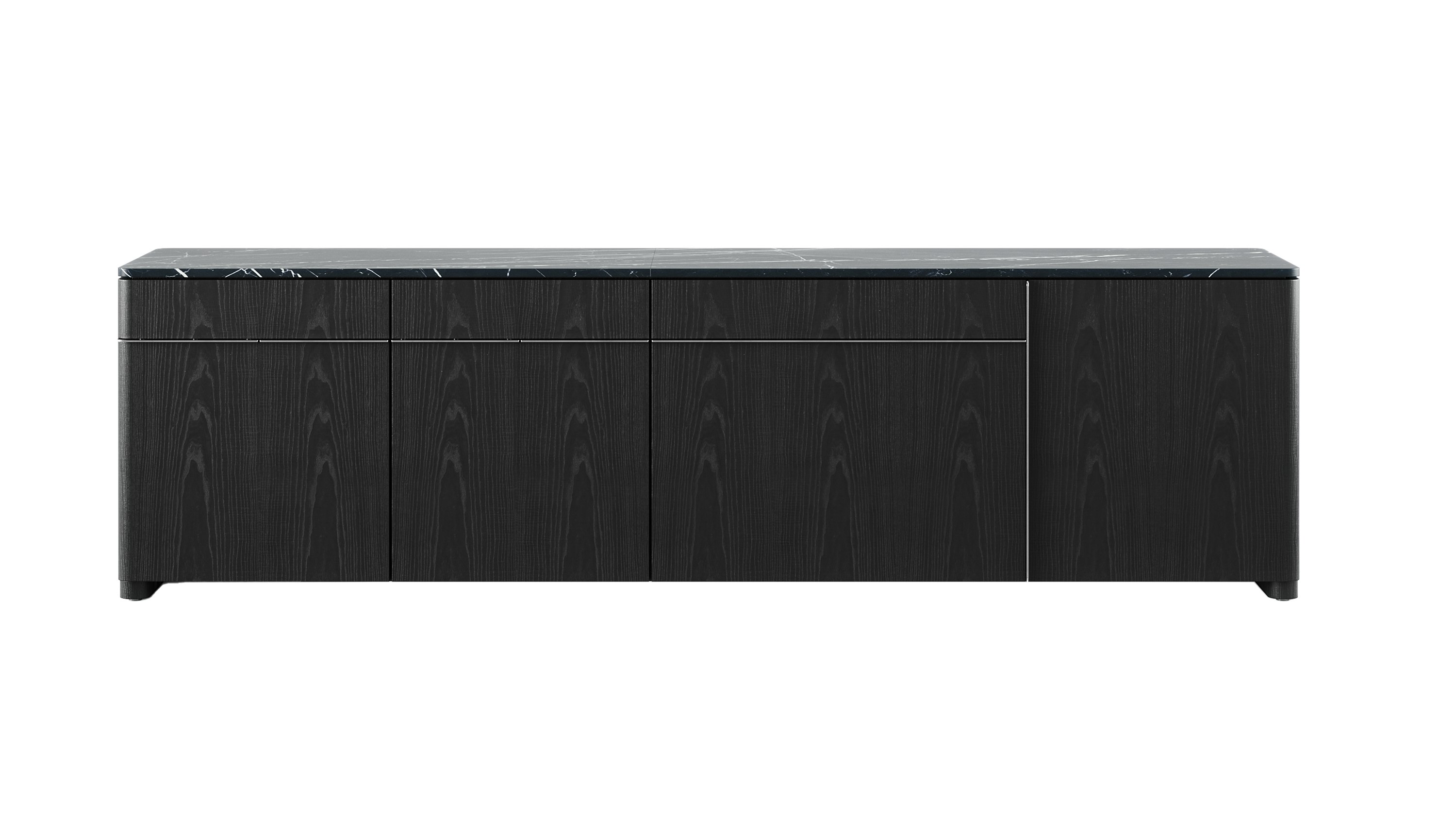 Ascent Credenza designed by EOOS in Ebonized Ash with a Nero Marquina marble top shown front-facing on a white sweep.
