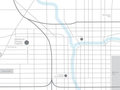 A minimalistic map of Chicago showing the location of the MillerKnoll Chicago Flagship on West Fulton Street and North Aberdeen Street