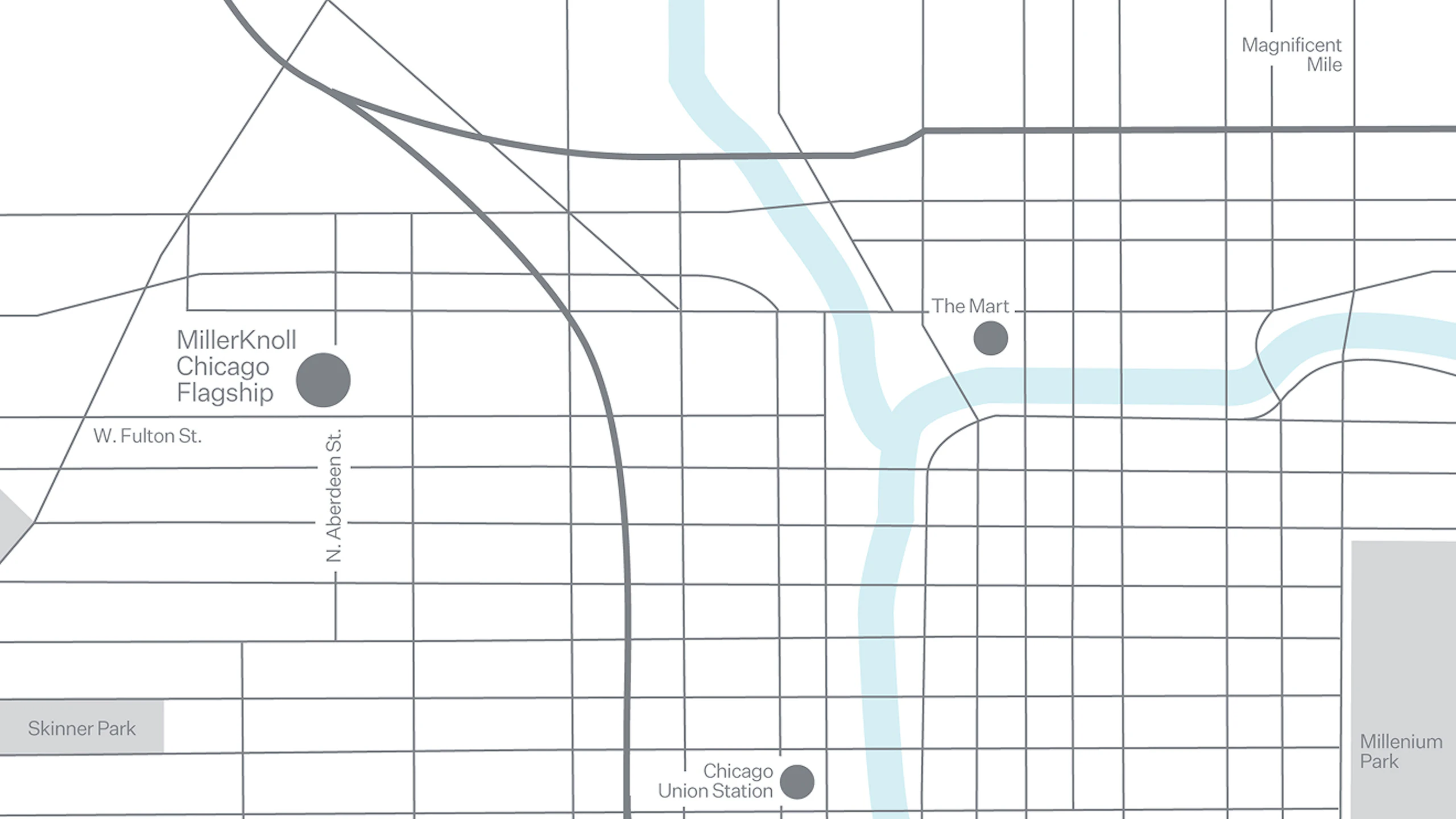 A minimalistic map of Chicago showing the location of the MillerKnoll Chicago Flagship on West Fulton Street and North Aberdeen Street