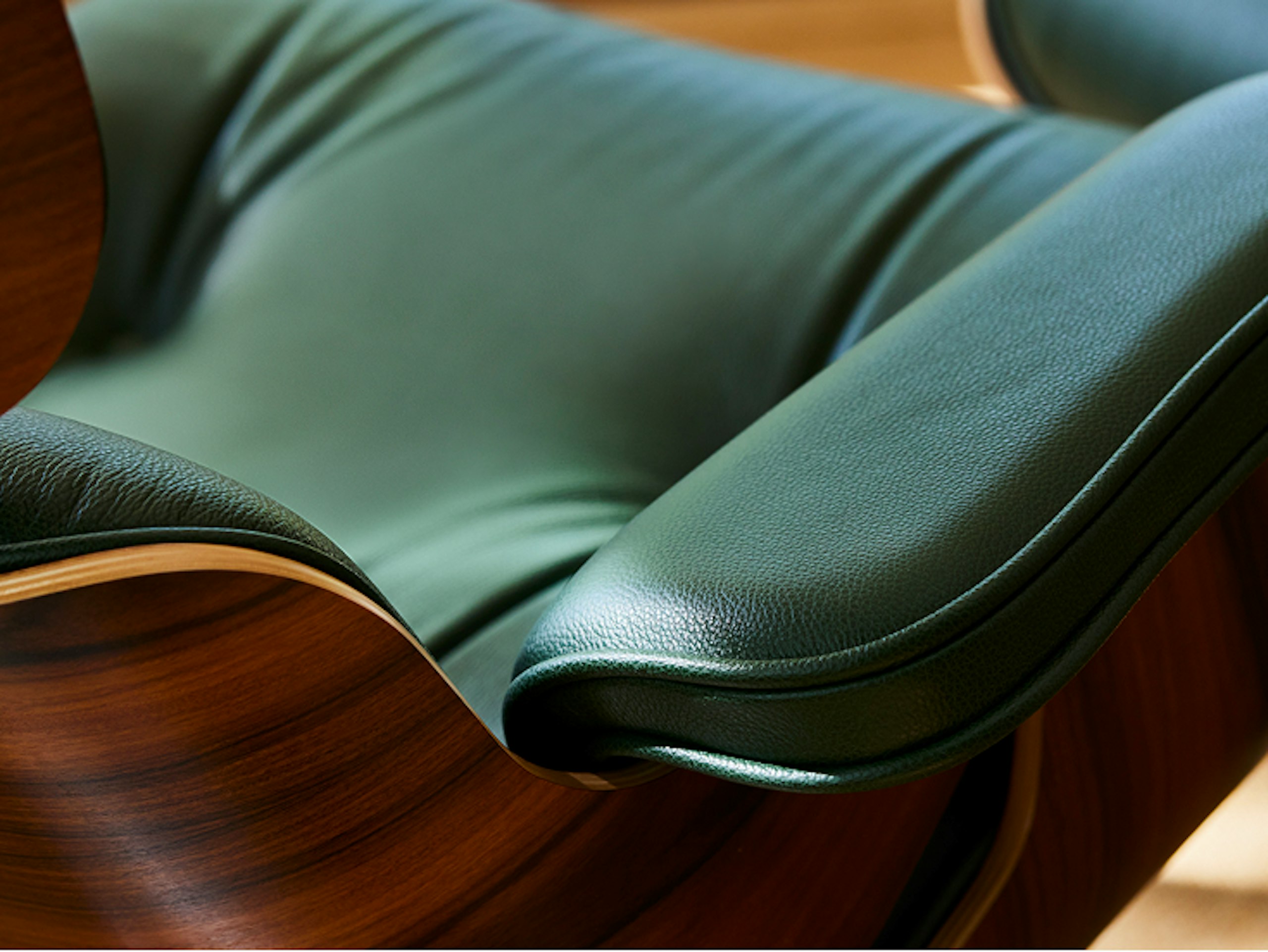 A green Eames Lounge Chair and Ottoman viewed from the back at an angle