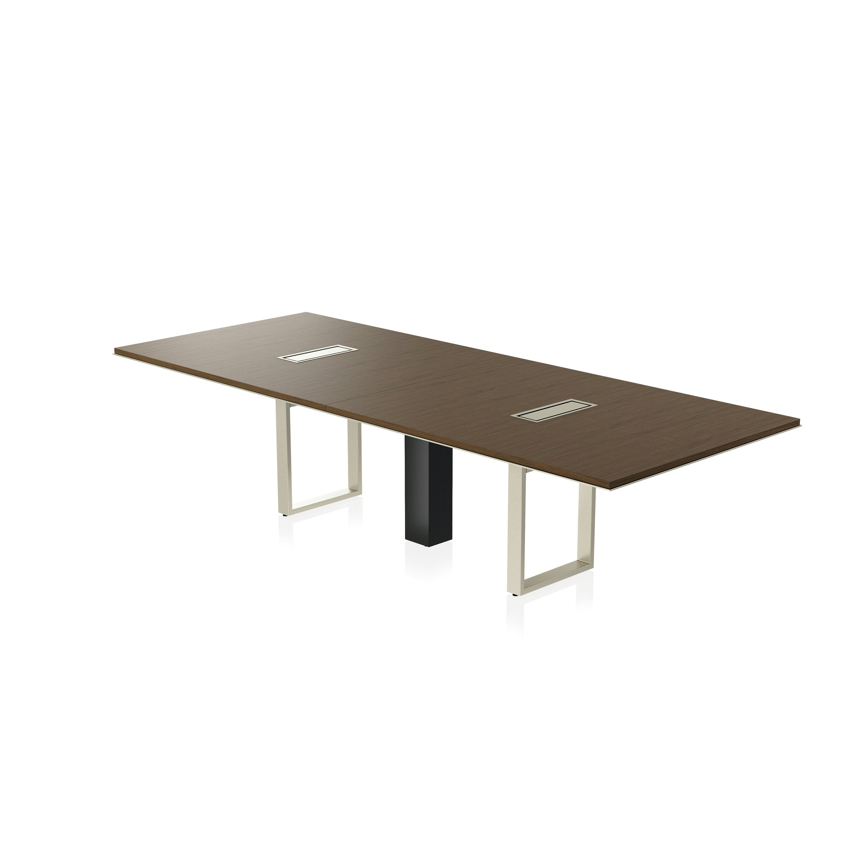 Highline Conference Table in Cashmere Flat Cut Walnut with Satin Nickel edge and base viewed from a 45 degree angle.
