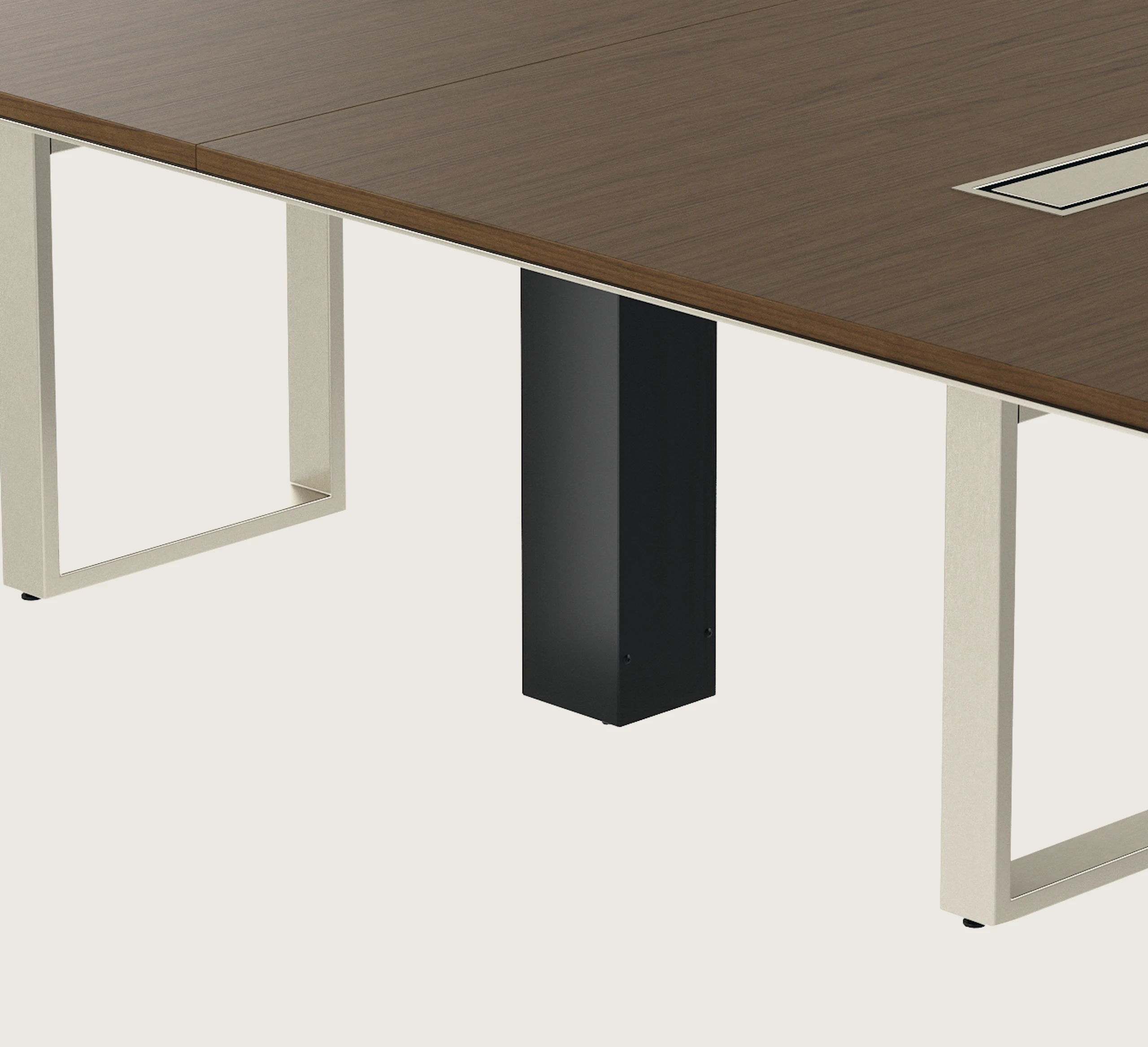 Highline Conference Table in Cashmere Flat Cut Walnut with Satin Nickel edge and base viewed from a 45 degree angle.