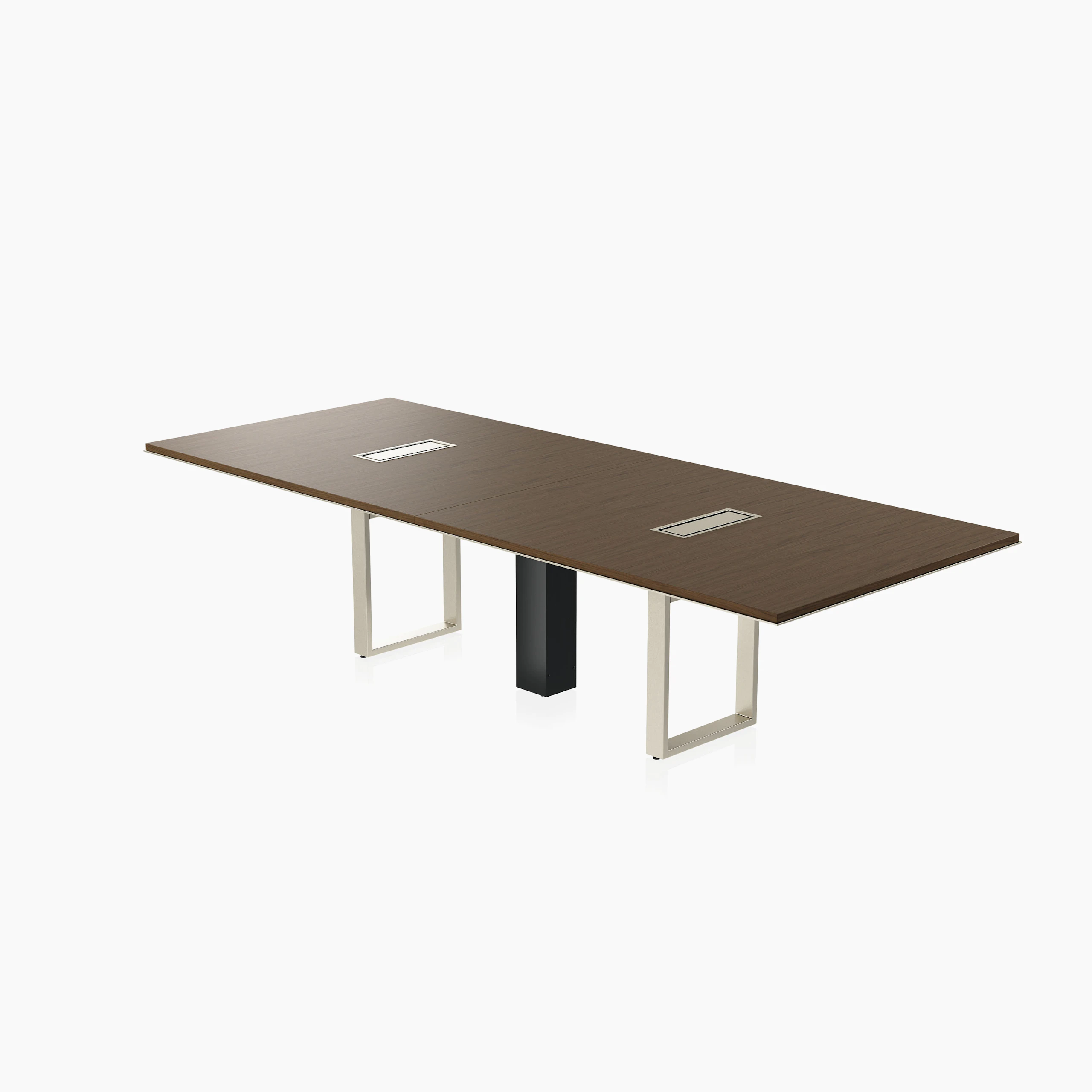 Highline Conference Table in Cashmere Flat Cut Walnut with Satin Nickel edge and base viewed from a 45 degree angle.