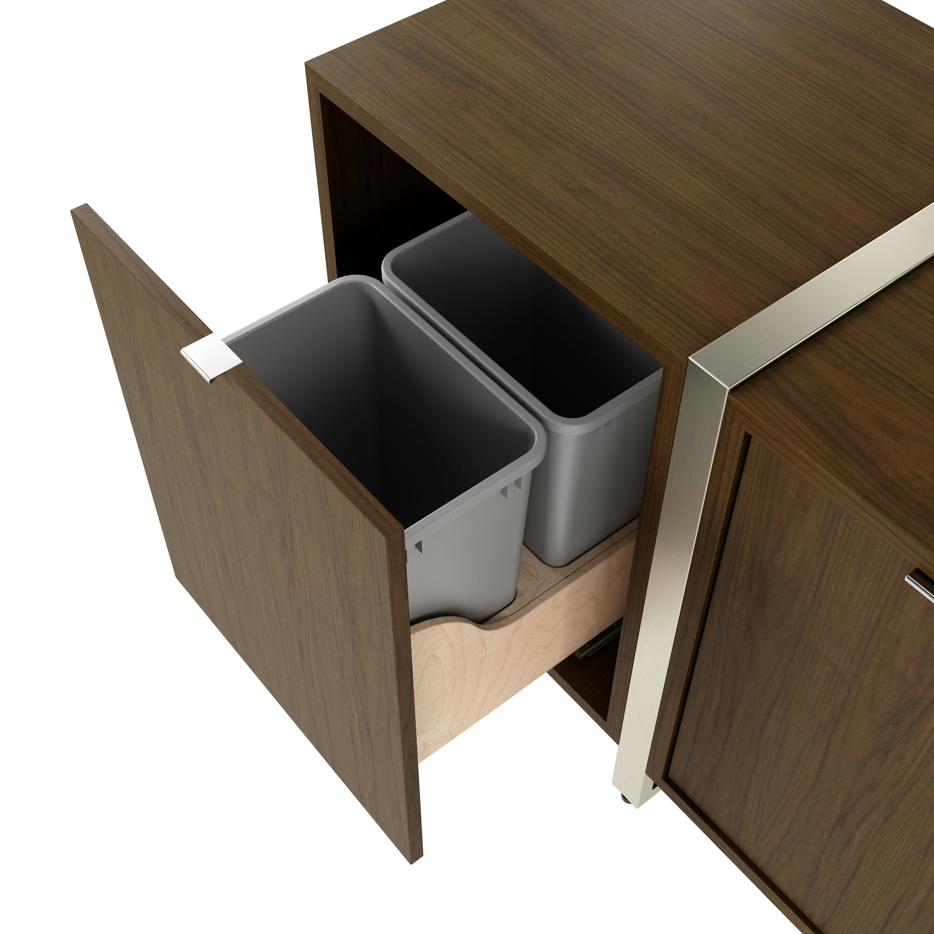 Detail shot of trash pullout drawer on Highline Credenza in Natural Flat Cut Walnut with Satin Nickel Legs.