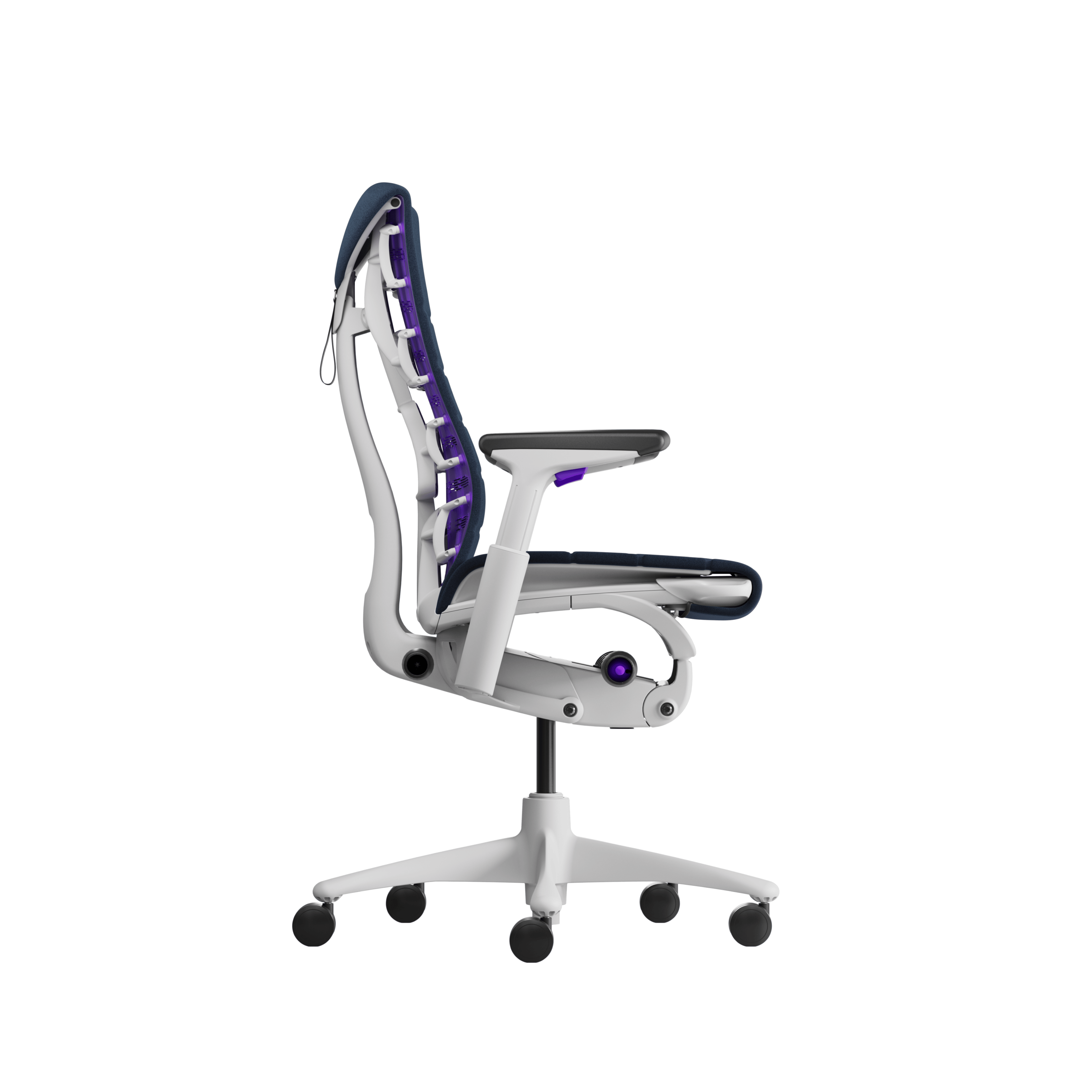Embody Gaming Chair in White, Nightfall and Nova viewed from the side
