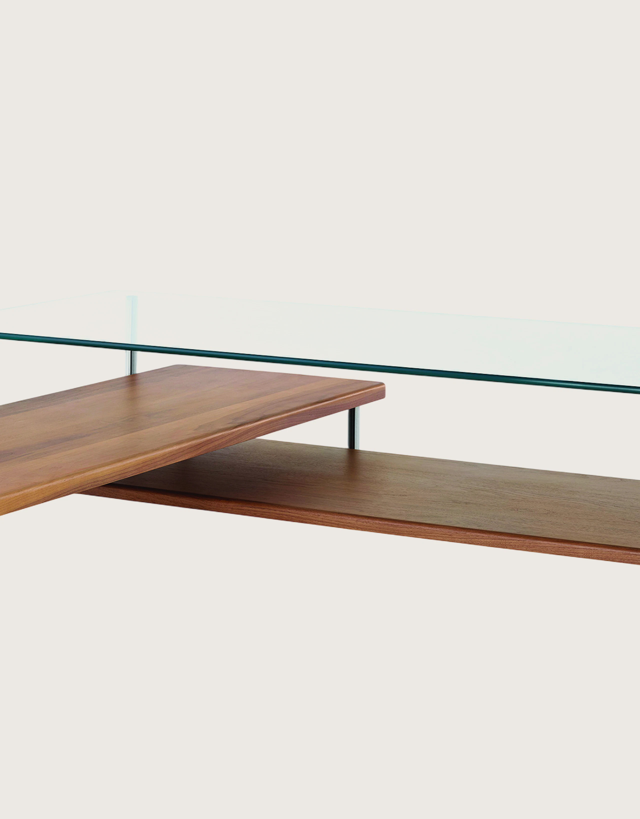 Layer Table, Glass, Walnut Shelf, Walnut Nesting Table