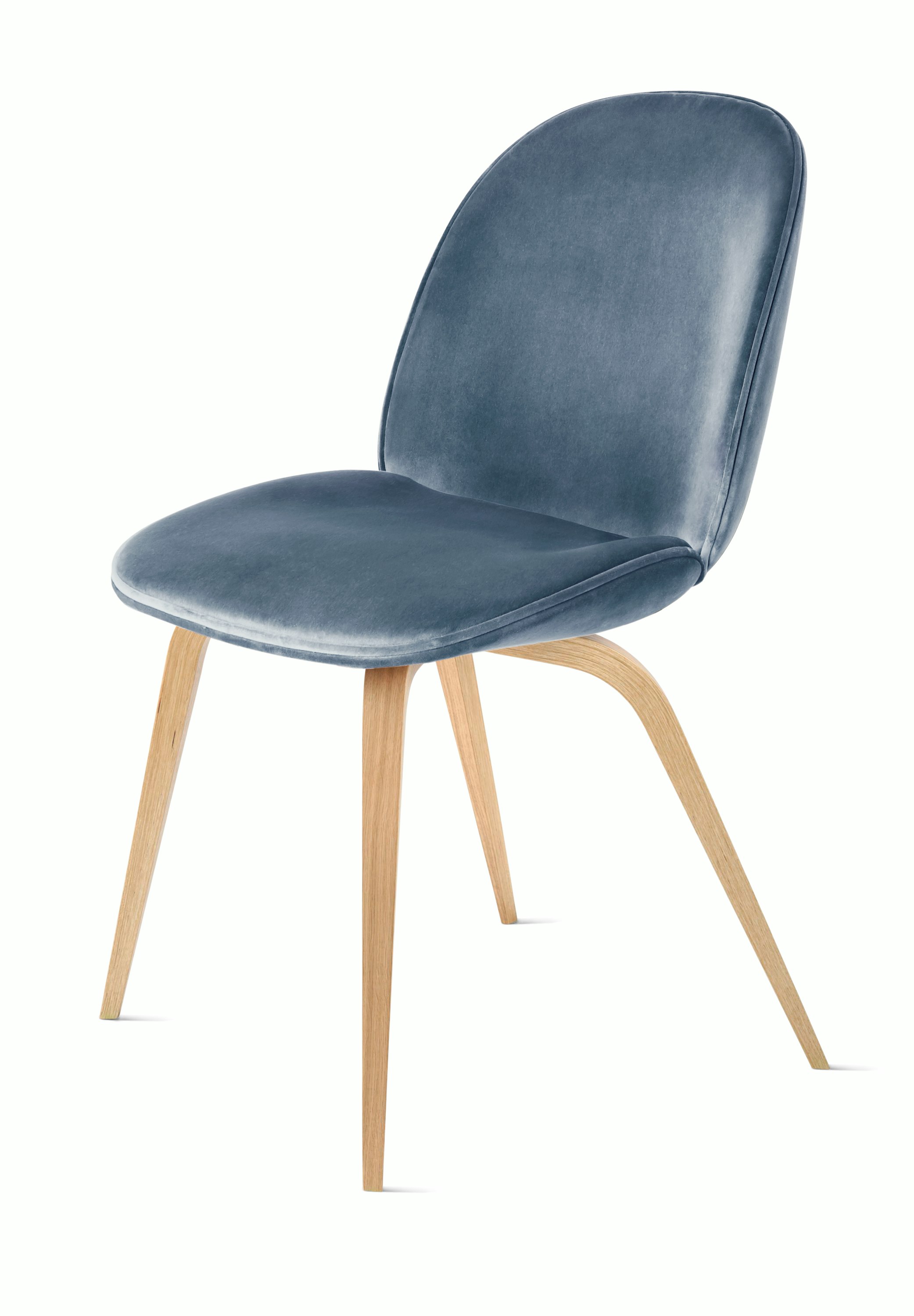 Beetle Side Chair - Side  in Velvet Soft Blue and Oak legs